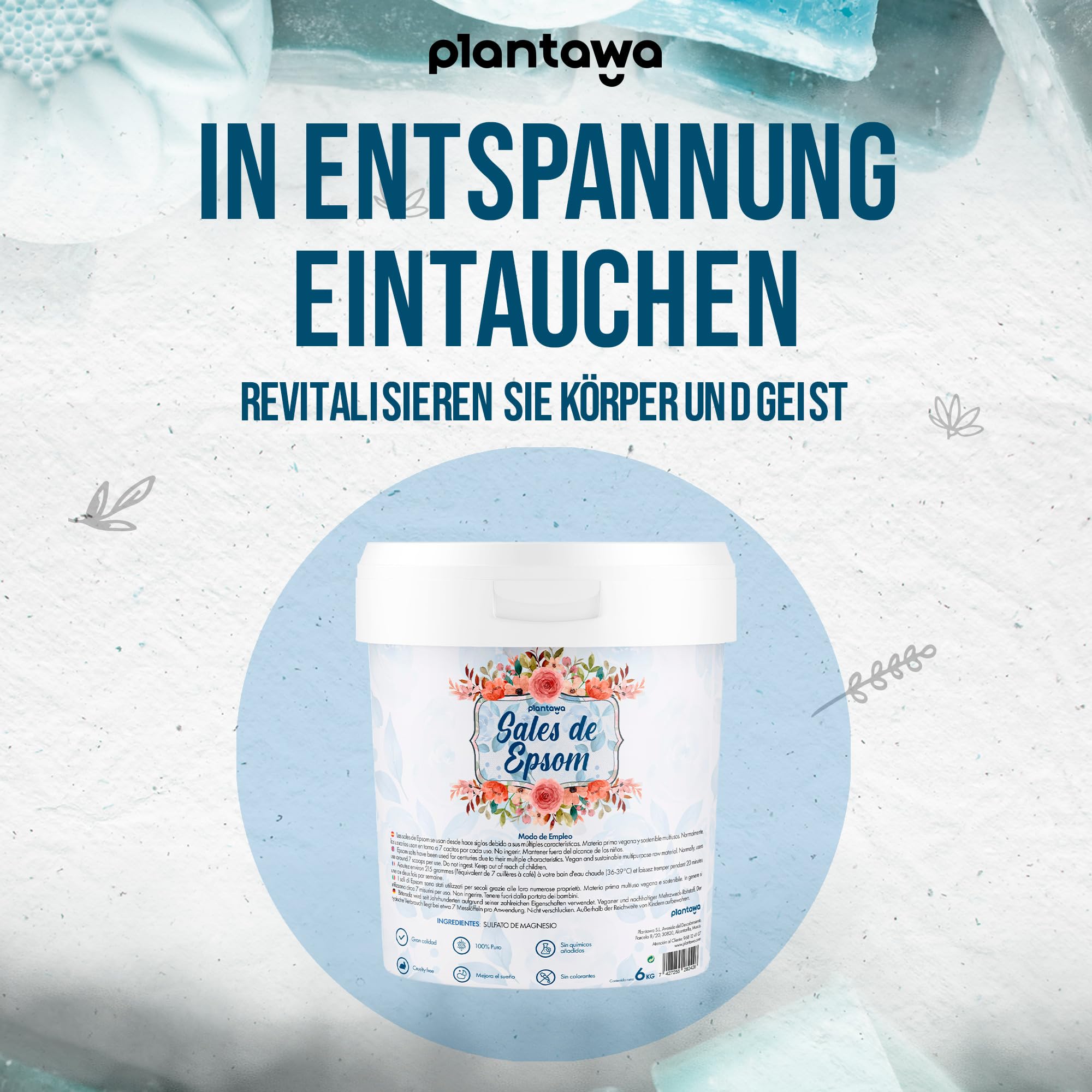 PLANTAWA Epsom Salz 6KG | Reines Magnesiumsulfat Badesalz | Schäumendes Magnesium Bad für Muskelentspannung | Natürliche Aromatherapie für Erholsamen Schlaf | Ohne Zusatzstoffe und 100% Natürlich