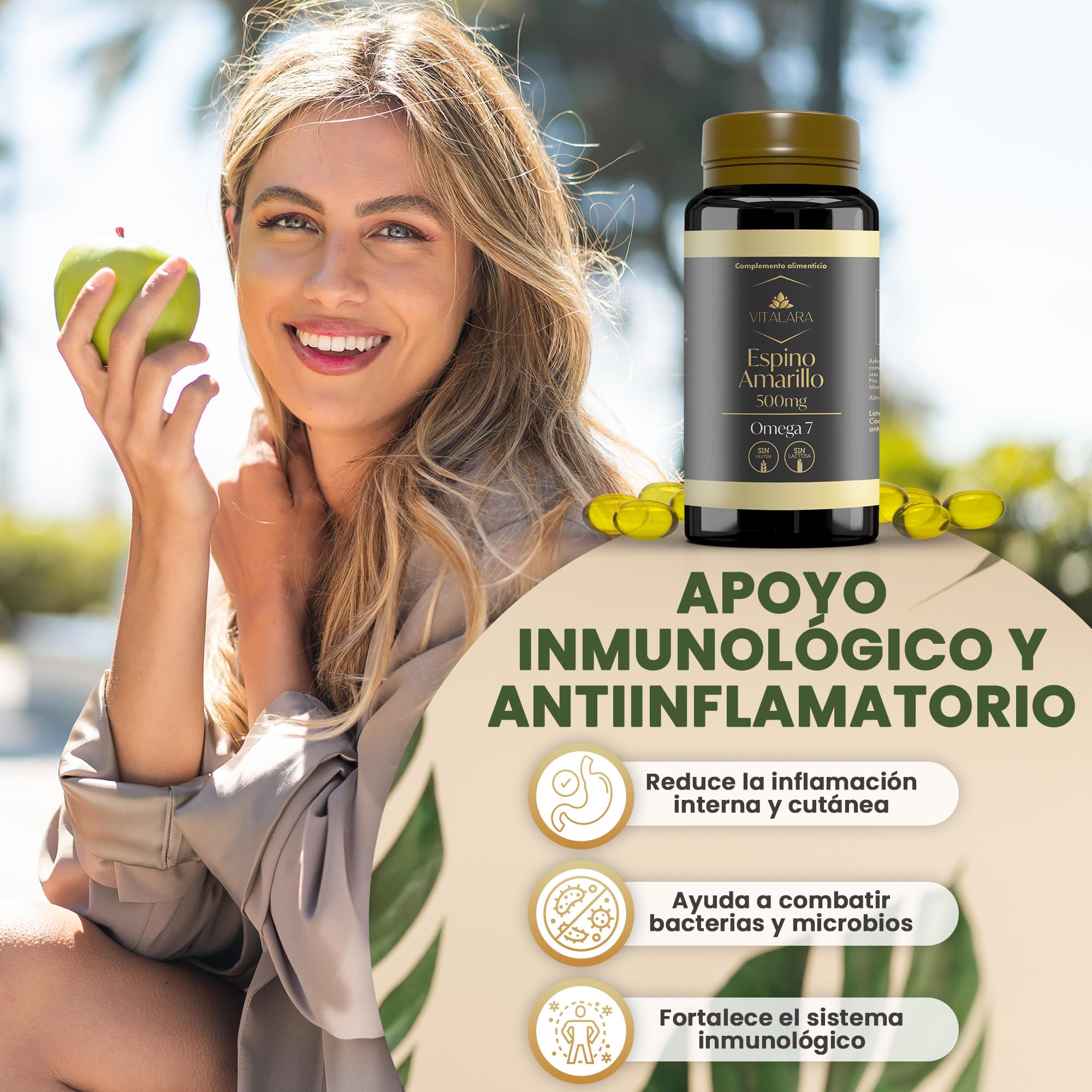 Omega 7 Espino Amarillo para Piel, Mucosas y Sistema Inmune | Aceite Espino Amarillo 500mg | 110 Antioxidantes Capsulas – Sin Gluten y Sin Lactosa | Fabricado en España