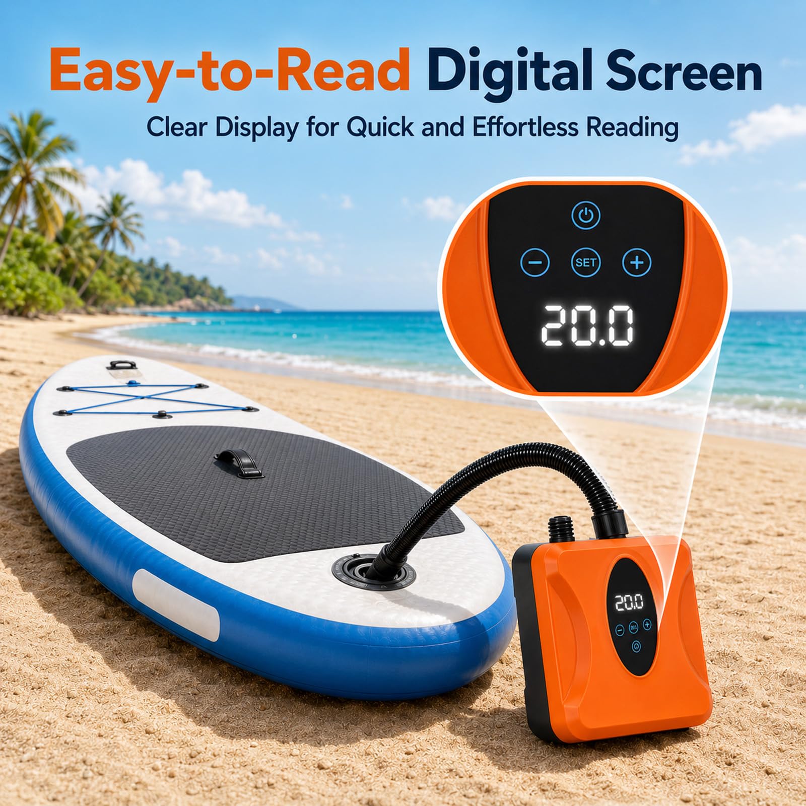 SUP Pumpe Elektrisch Wiederaufladbar 20 PSI, Akku Paddle Board Pumpe mit Auto Stopp und Digitalanzeige, 12000mAh SUP Kompressor für Stand Up Paddle Board, Kajak, Schlauchboot, Luftmatratze