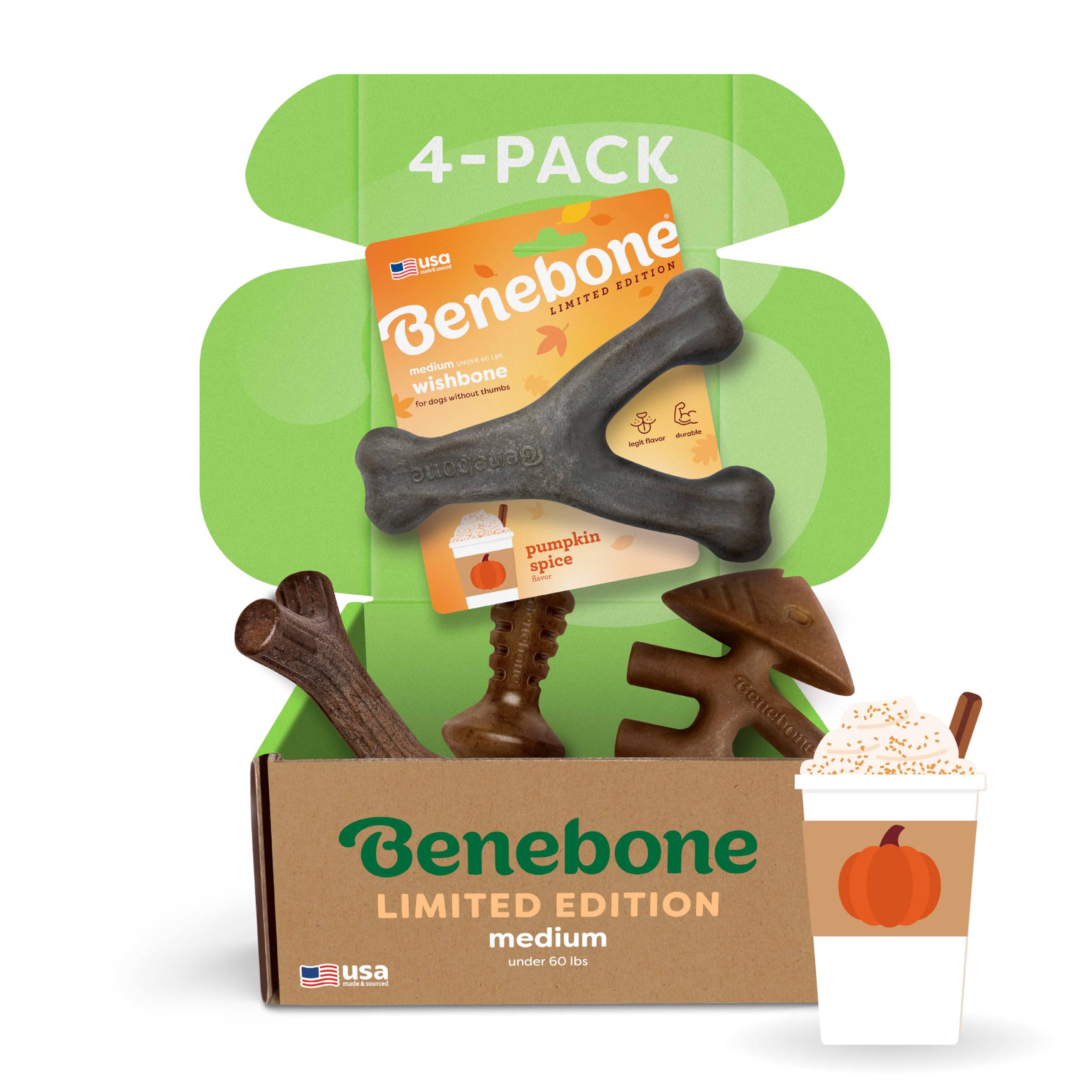 Benebone Limited Edition Medium 4 Pack with Pumpkin Wishbone, Dog Chew Toys for Aggressive Chewers, Made in USA, 60 lbs and Under