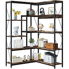 TIYASE 5-Shelf Corner Bookshelf, Modern Large Corner Etagere Bookcase, 5-Tier Tall Corner Shelf Display Storage Rack with Metal Frame for Living Room Home Office, Rustic Brown