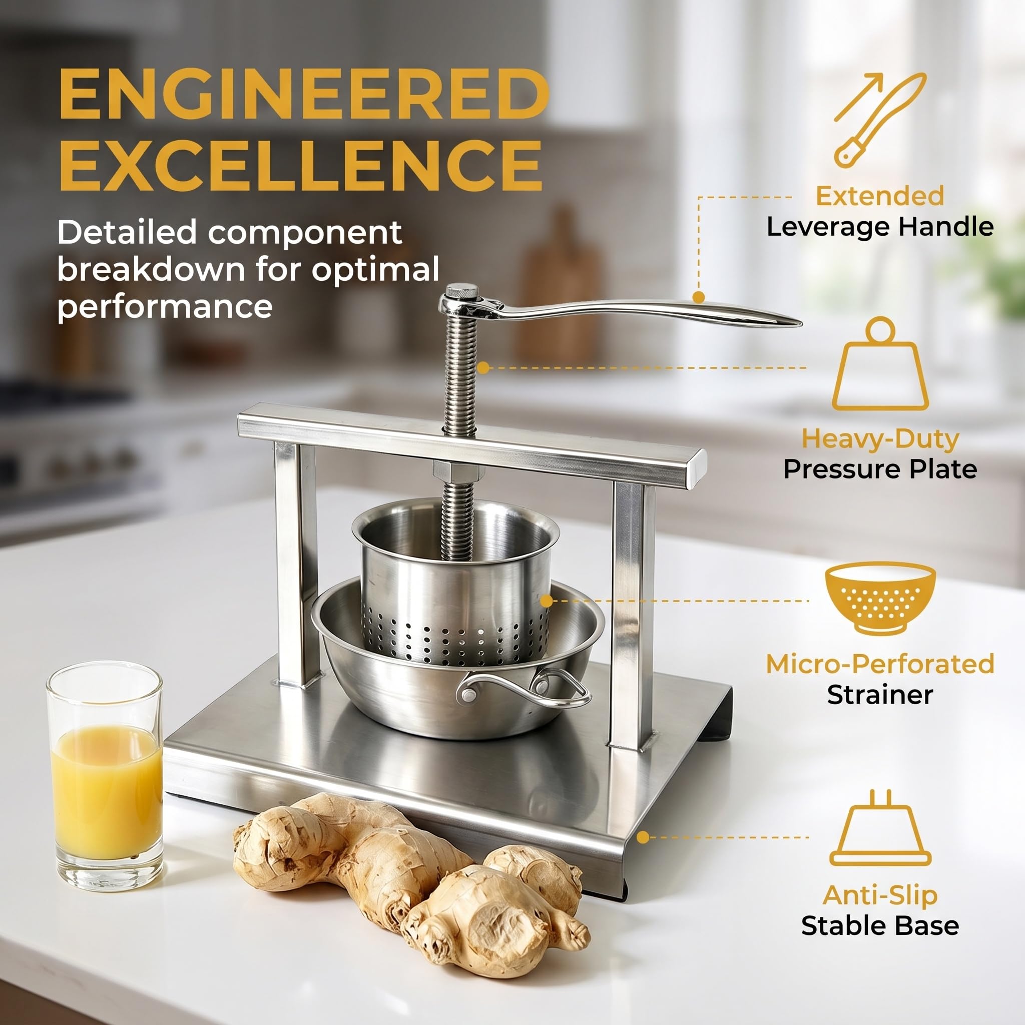 Exprimidor Manual De Acero Inoxidable, Extractor De Jugo De Jengibre Doméstico con Colador Perforado, Máquina De Prensado De Frutas Y Verduras De Alta Resistencia para Jengibre, Granada