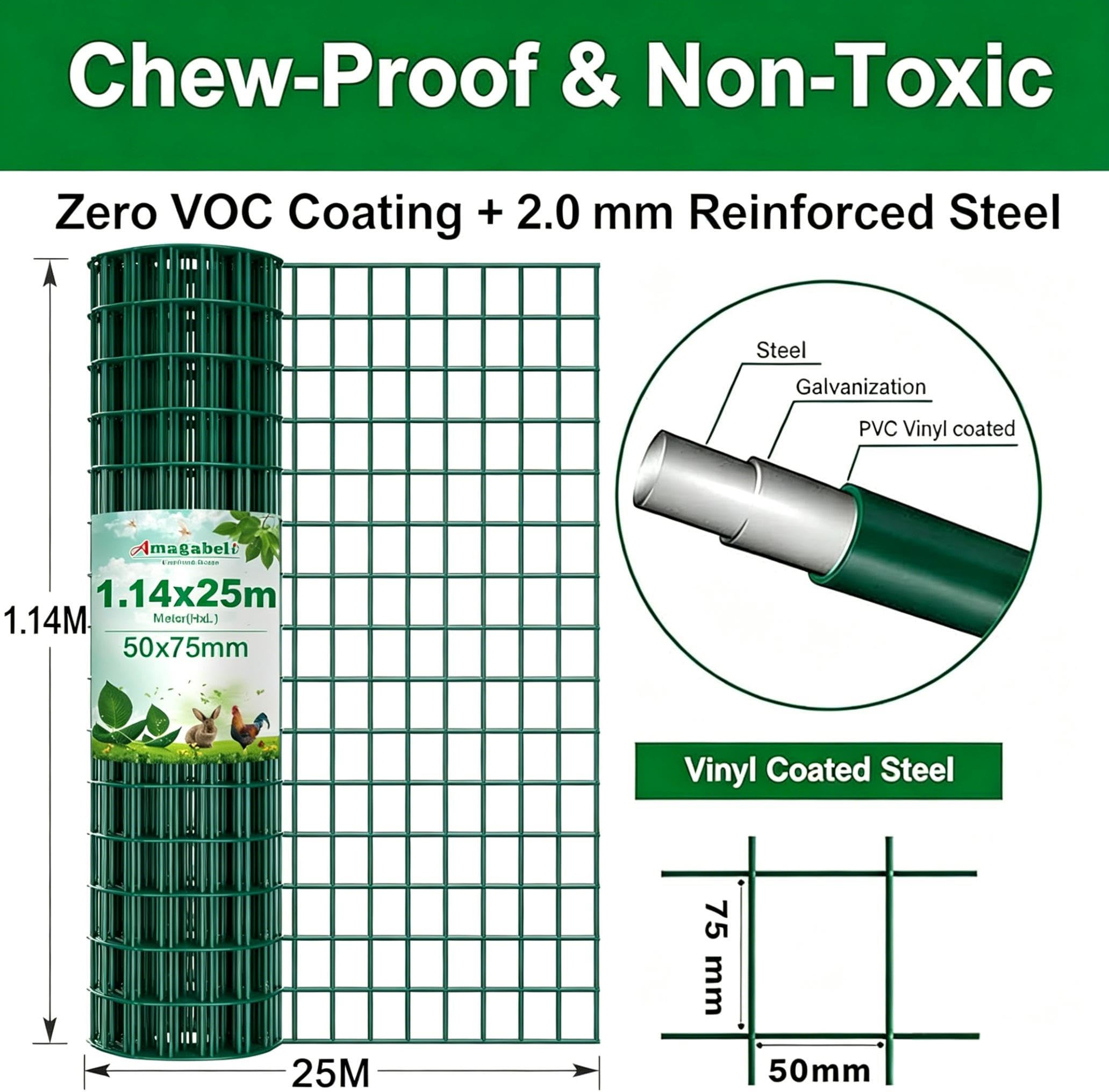 Amagabeli 1.14Mx25 M Malla Metalica Electrosoldada Galvanizada y PVC, Valla Metálica de Jardín, Malla 50x75 cm, Rollo de 2.0 mm para Protección y Cercado Residencial, Verde RAL6005 (Conejera, Perros)