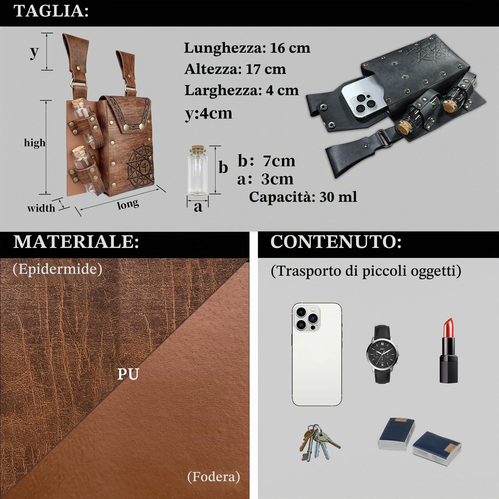 EpicCos Set di 3 Pezzi Cintura Alchemista Medievale con Borsello, Borse Multiple per Pozioni, Cintura Vichinga con Borchiette e Borsa Laterale per Cosplay (Marrone D)