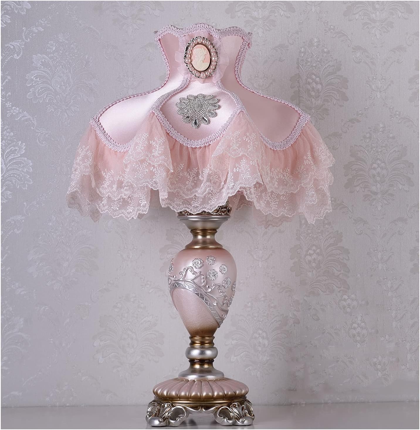 Victorian Style Table Lamp Pink Lace Fabric Lampshade Hand-Made Antique Painted Resin Lamp Body Princess Small Lamp for Living Room Bedroom,13" W, 21.6" H. (Q8)