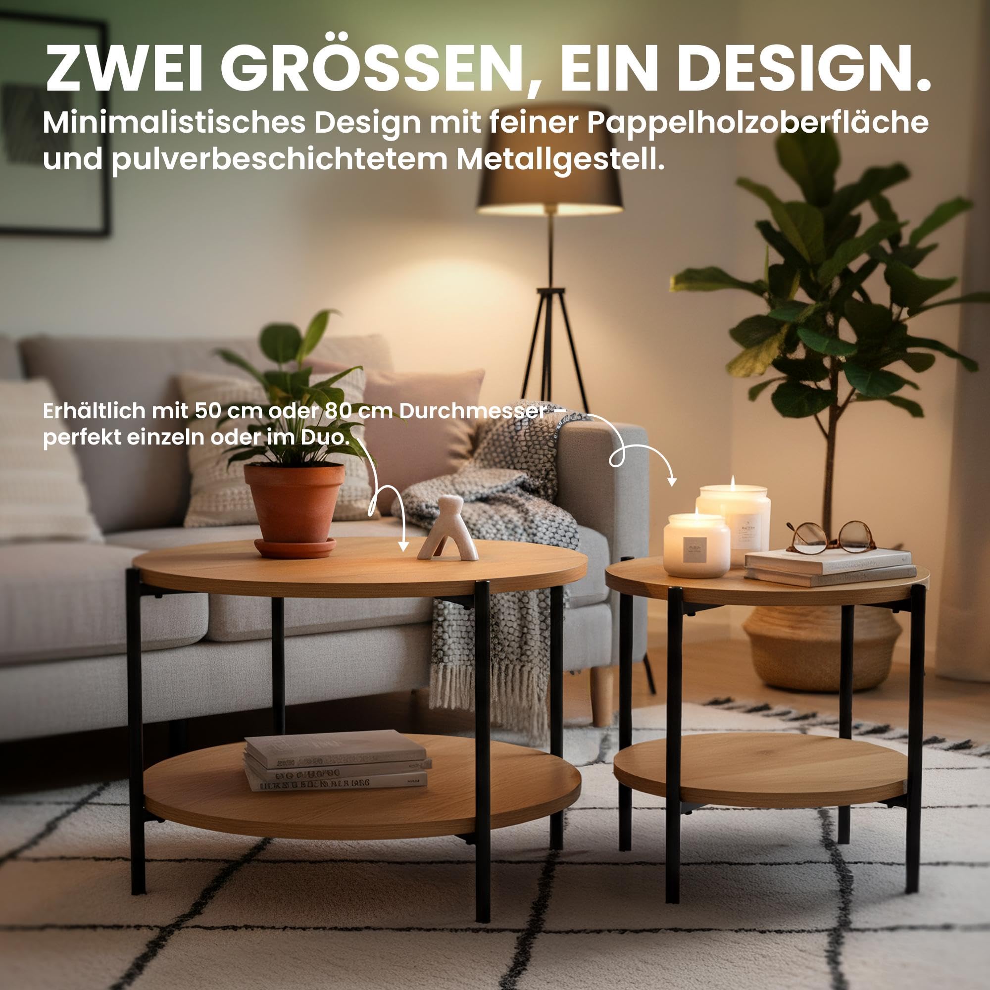 CLP Couchtisch rund Holz Edduma, Sofatisch 2 Ebenen mit Stauraum, Beistelltisch klein Metallgestell schwarz, Farbe:Natur, Größe:Ø 80 cm