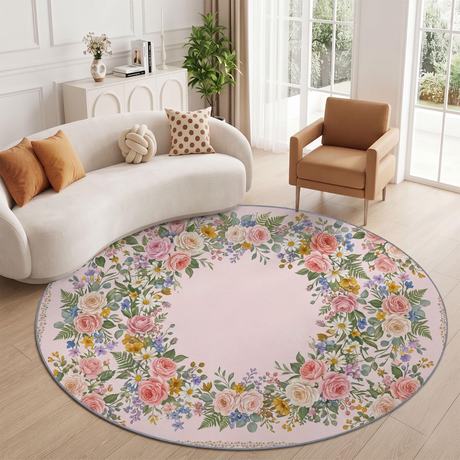 Tapis Rond Pastorale Campagne Francaise 160 cm, Roses Marguerites Fougères Couronne Lavable en Machine pour Salon, Rose Vert Antidérapant, Poil Court Tapis Rond Imprimé pour Chambre d’Enfant Nurserie