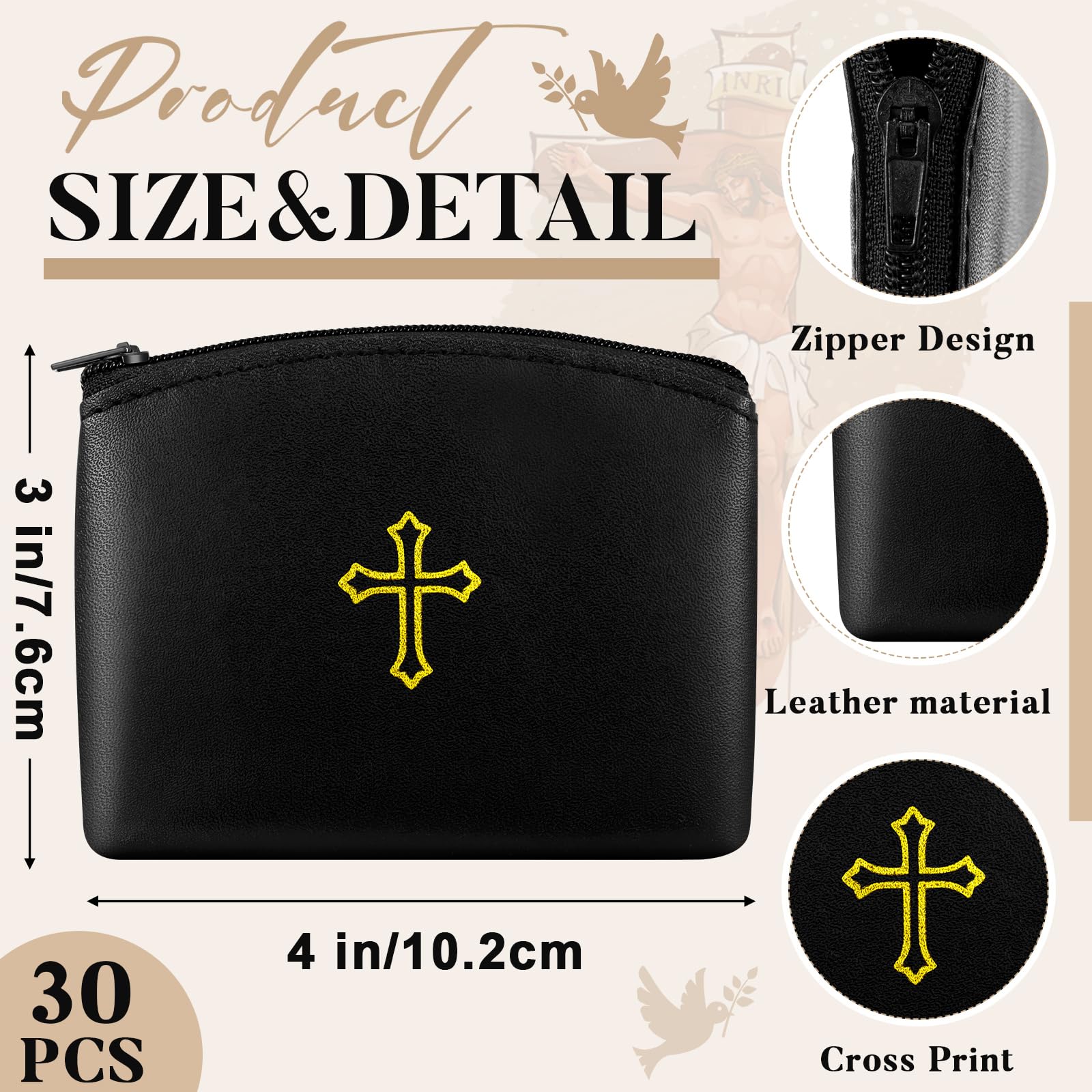 Shinylin 30 Pcs Rosary Pouches with Zipper Catholic Rosary Cases 4 x 3 Inches PU Leather Rosary Holder with Gold Cross Imprint (Black)