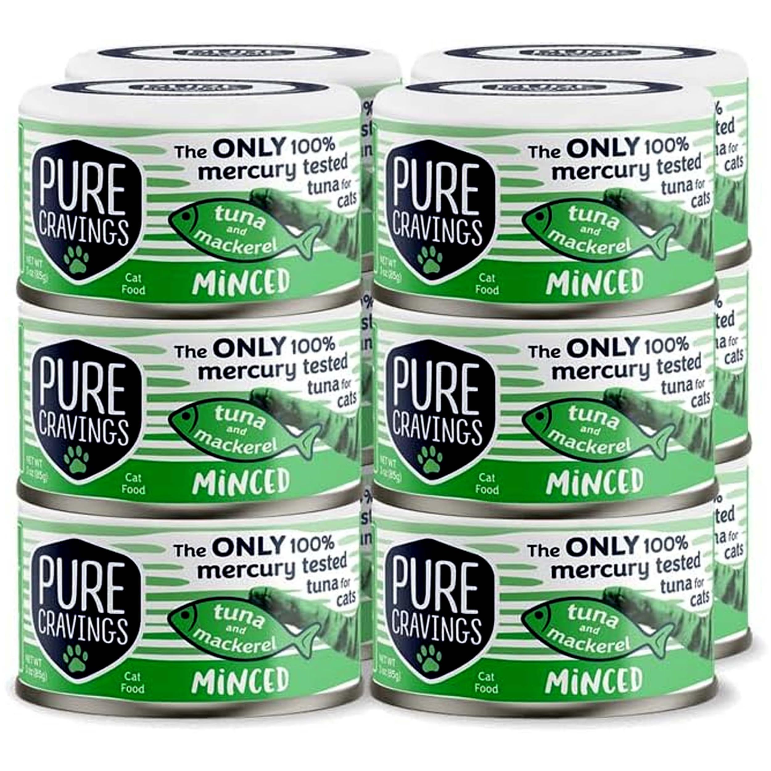 Pure Cravings Minced Tuna and Mackerel Wet Canned Cat Food, 100% Mercury-Tested Tuna, Moist Can Fish for Cats, Grain-Free, Protein, Non-GMO, 3oz, Pack