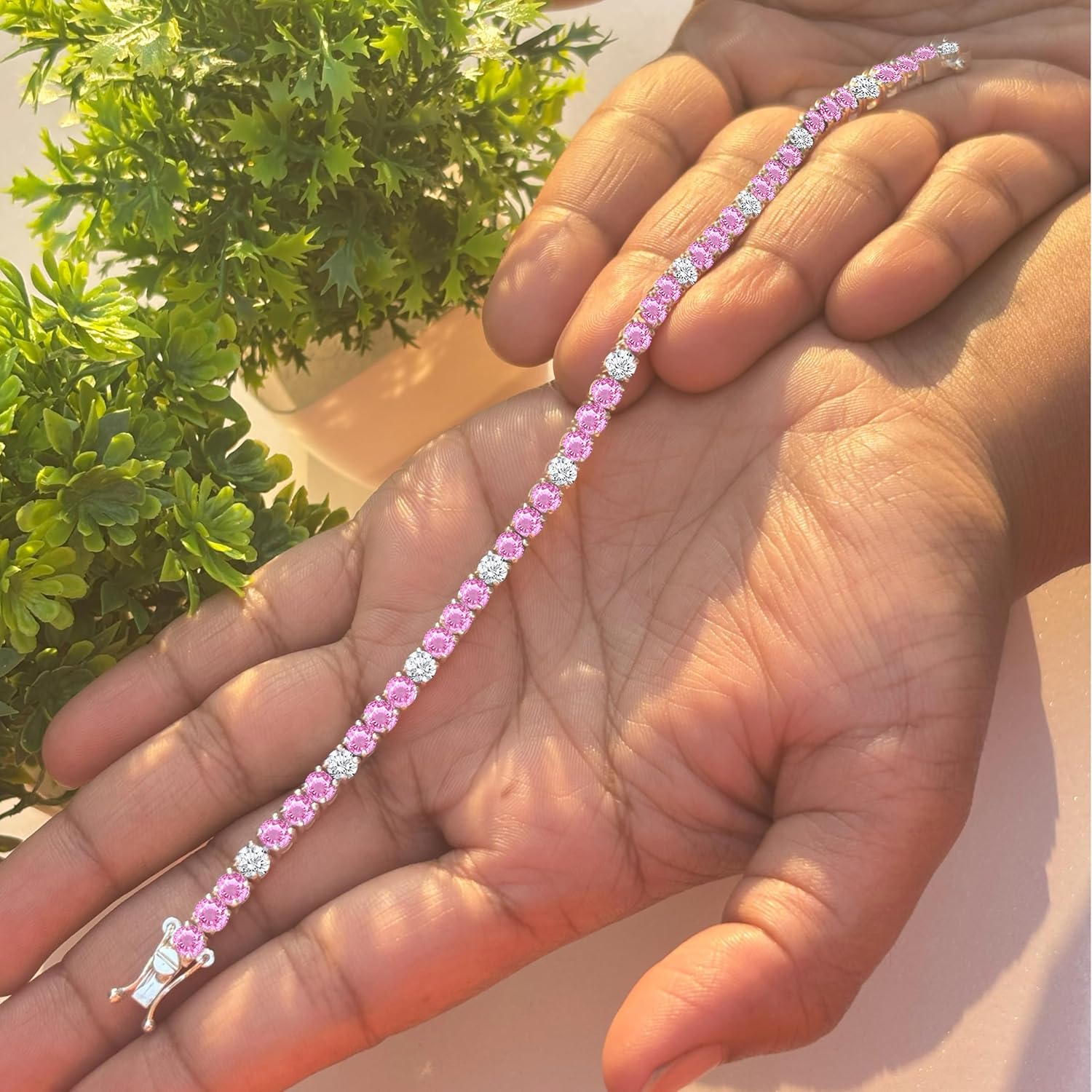 Round Cut Ruby & White Diamond Tennis Bracelet For Women, 14K Gold Plated Silver July Birthstone Ruby Ladies Tennis Link Bracelet