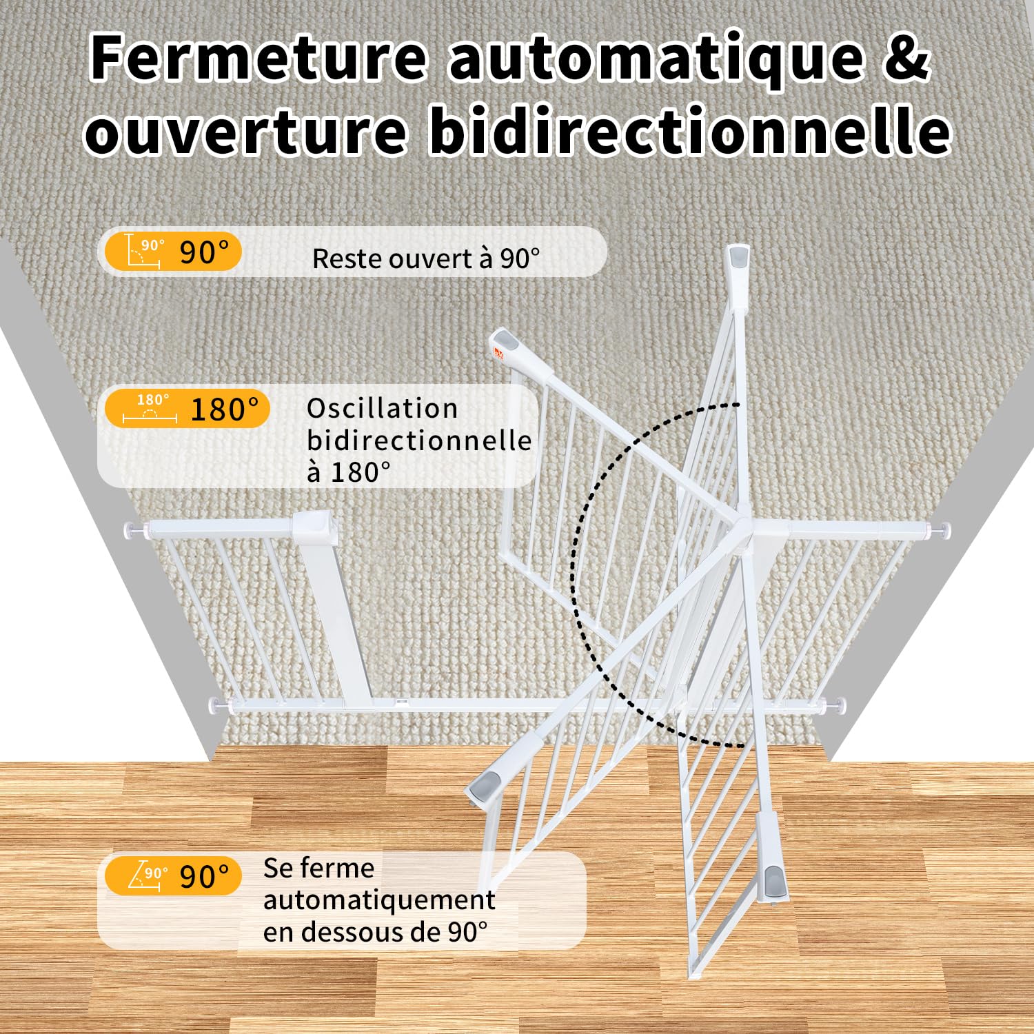 LAOYE cancelletto per bambini, Cancelletto per scale senza trapano, altezza extra alta 92 cm, larghezza 75-124 cm con 3 estensioni, per bambini, cani gatti, chiusura automatica arresto a 90°-Bianco