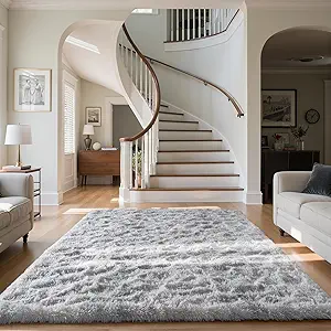 Zentavio Grey and White Area Rugs for Living Room Large Men Room Carpet 5x8 Bedroom Fluffy Furry Shag Aesthetic Plush High Pile Floor Rug for Kids Room Dorm Home Decor Tie-Dyed Grey White