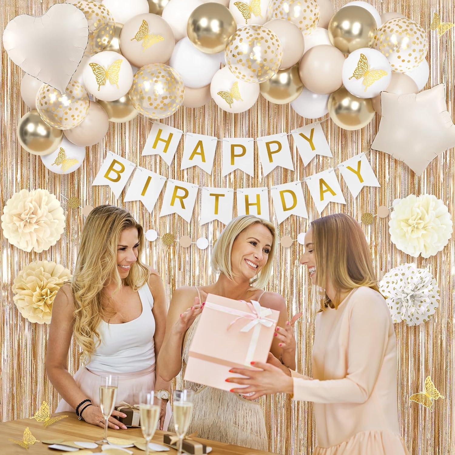 Ouddy Life White Gold Birthday Party Decorations Kit for Women Girls, Happy Birthday Banner, Sand White Metallic Gold Foil Confetti Balloons, Fringe Curtain, Cake Topper, Pompoms, Butterfly Supplies - Image 4