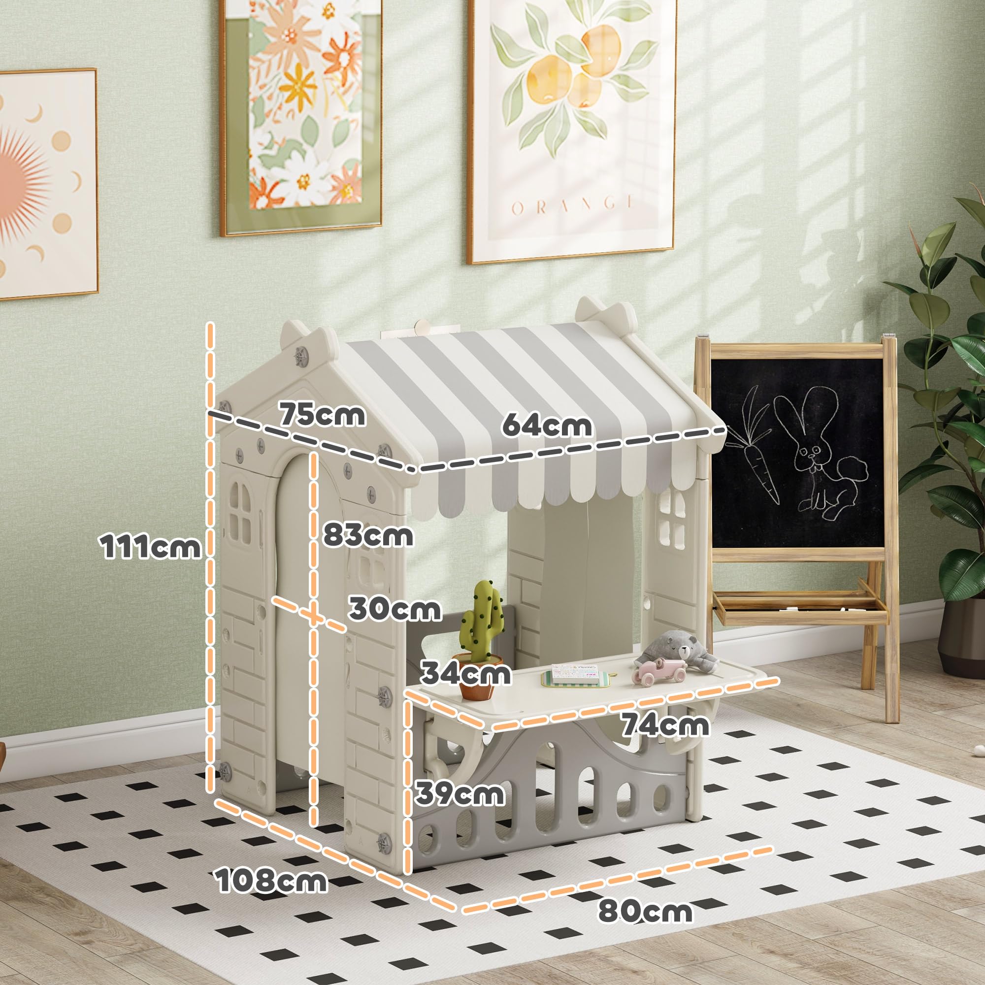 AIYAPLAY Casetta per Bambini con 4 Finestre, Porte ad Arco, Tetto e Bancone, Plastica, Crema