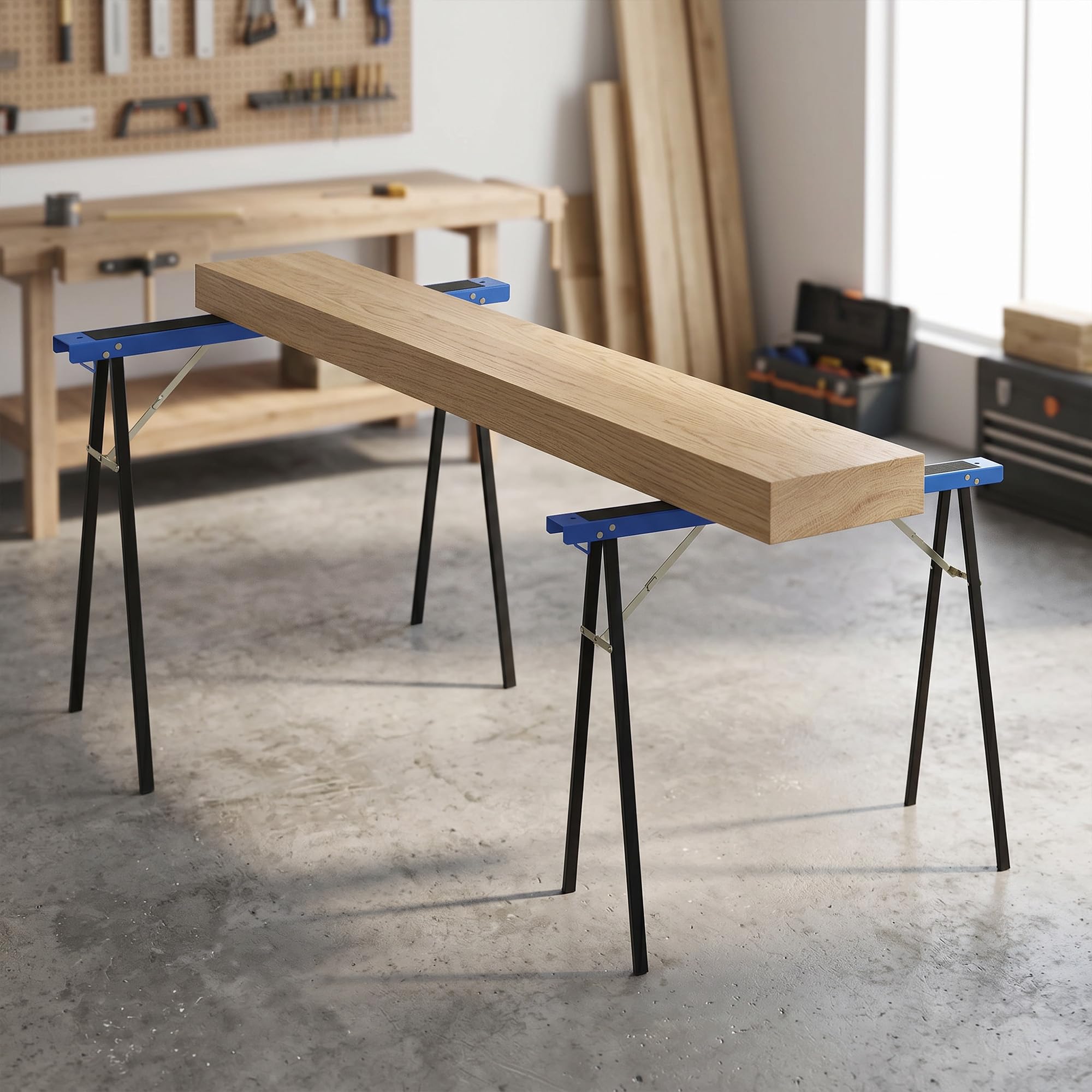HOMCOM Set di 2 Cavalletti da Lavoro Pieghevoli in Metallo con Superficie Antiscivolo in EVA, Maniglia, per Lavori di Segatura, Cavalletto Salvaspazio per Legna, Carico Massimo 350 kg, Blu e Nero