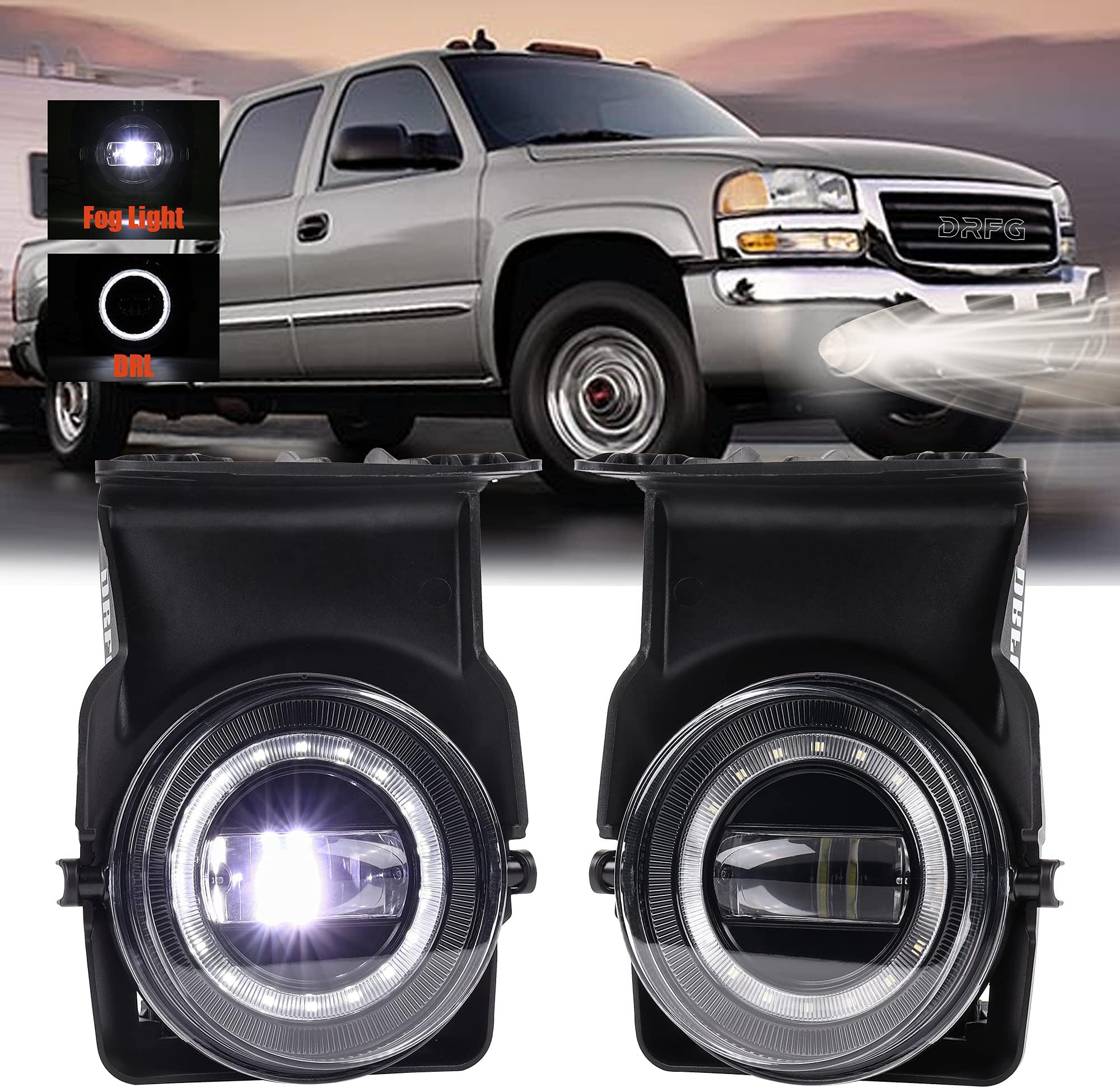 DRFG LED Fog Light with DRL Compatible for 2003-2006 GMC Sierra 1500 2500HD 3500HD Heavy Duty Pickup Bumper Fog Lights Lamps