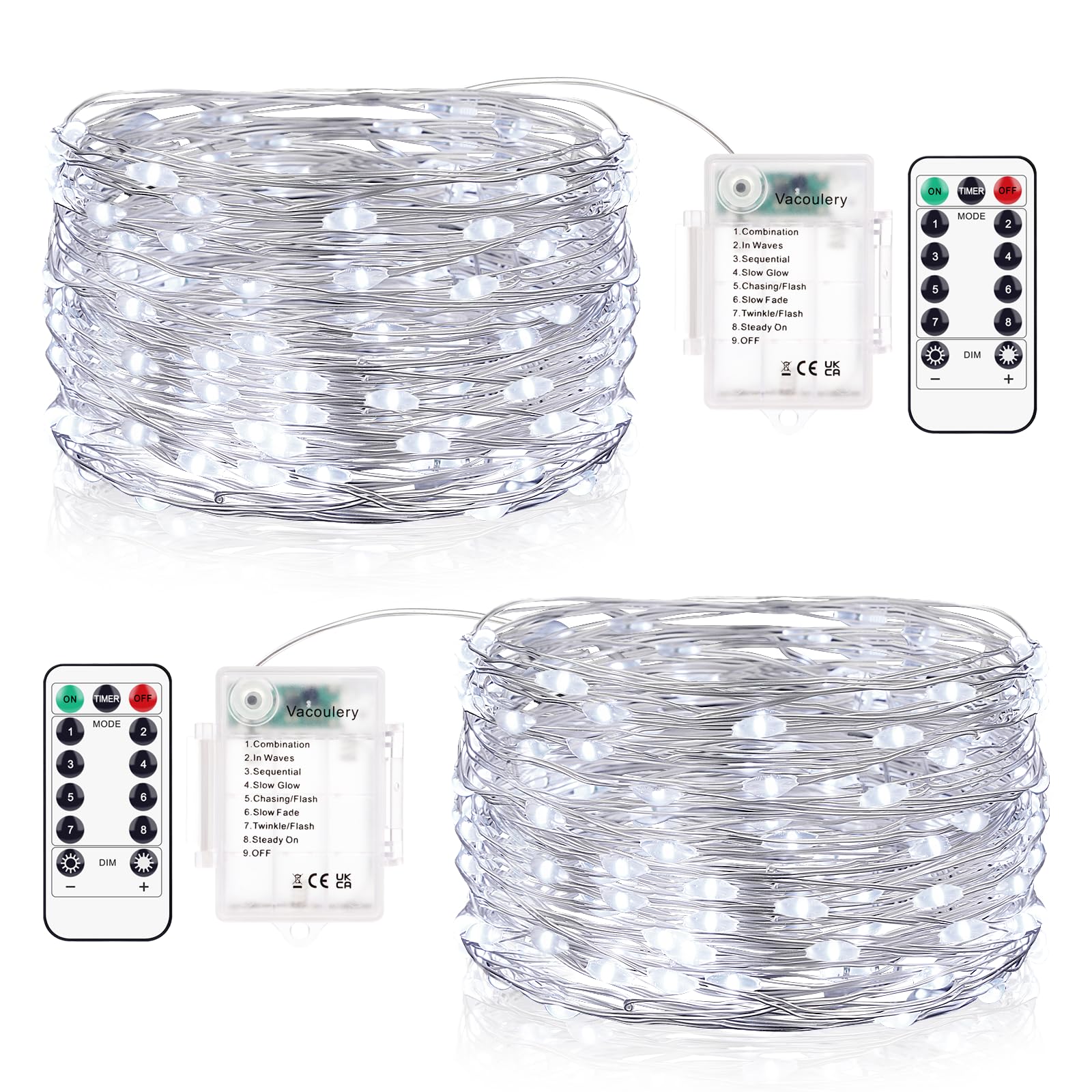 Luces LED Pilas 2 Piezas 12M 120 LED Guirnalda Luces Pilas 8 Modos Guirnalda Luces Interior con Temporizador y Control Remoto Guirnalda Luces LED para Navidad Interior Exterior Decoración(Blanco Frío)