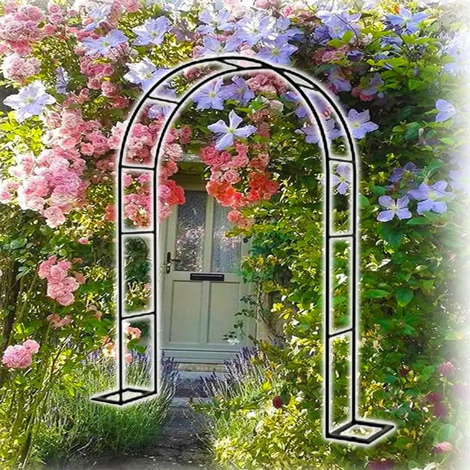 Pergola extra haute en métal noir avec socles pour treillis de roses robustes