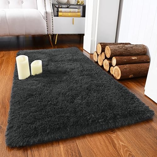 Chicrug Soft Runner Rug for Bedroom Living Room Plush Fluffy Rug 2x3 Feet, Shag Furry Runner Rugs Carpet Non Shedding for Nursery Children Kids Girls Room Home Decorative, Dark Grey