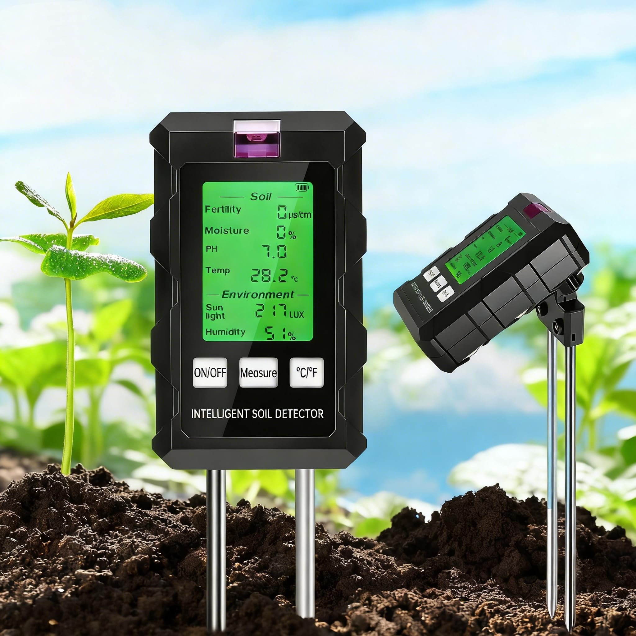Testeur d'Humidité du Sol 6 en 1, Mesure pH, Fertilité, Lumière Soleil, Température, Hygromètre Plante pour Jardin, Potager et Plantes d'Intérieur