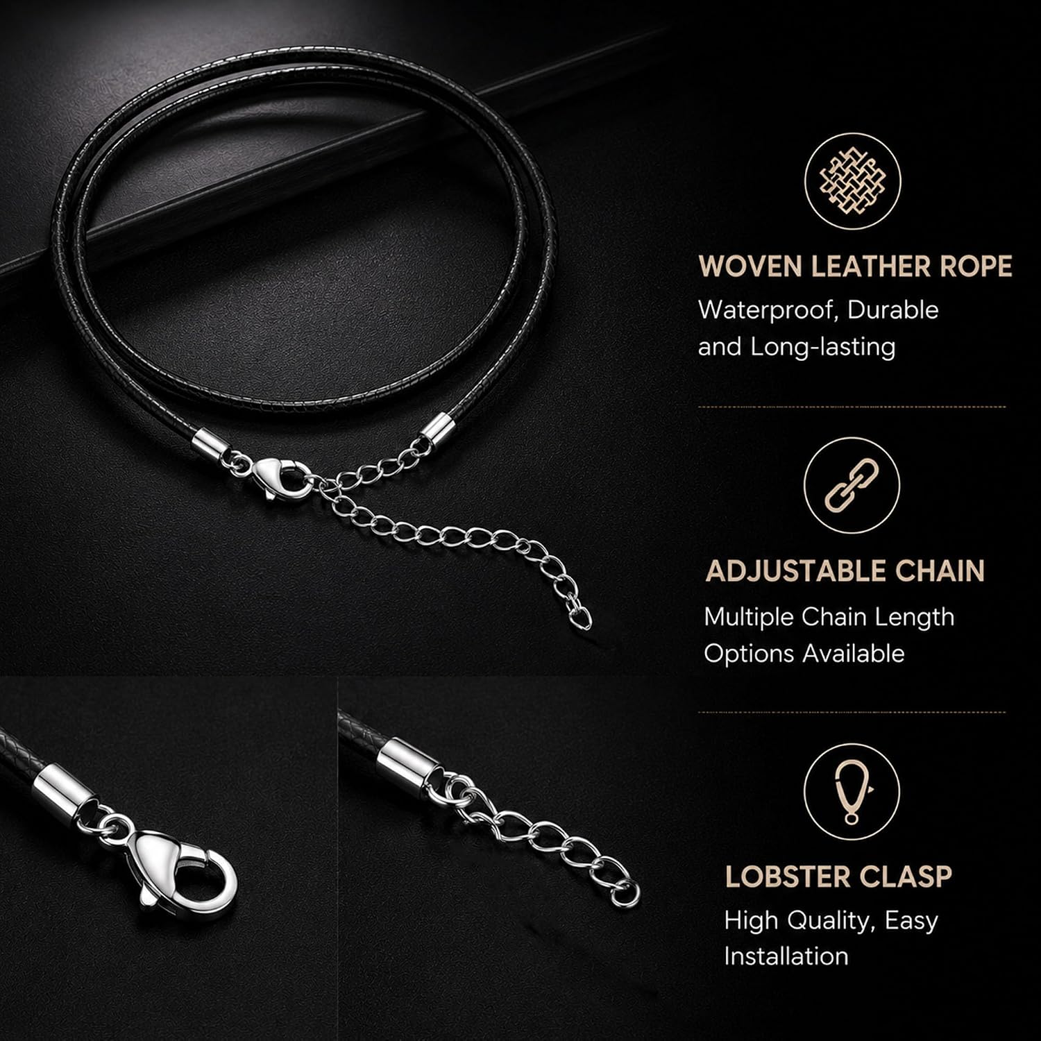 Genuine Leather Cord Chain Necklace Black Braided Wax Rope Chain with 925 Sterling Silver Clasp 14 16 18 20 22 24 26 28 Inches