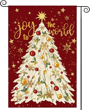 Christmas Tree Red Welcome Garden Flag 12x18 Inch Double Sided, Joy to the World Burlap Small Yard Flag Winter Snowflake Xmas Holiday Flags Farmhouse Seasonal Outdoor Outside Decoration