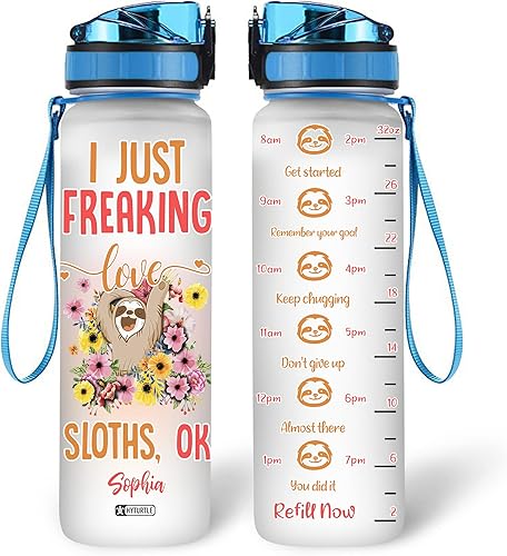 Hyturtle Botella de agua motivacional personalizada con texto en inglés "I Just Freaking Love Sloths" de 32 onzas, botella de agua con seguimiento