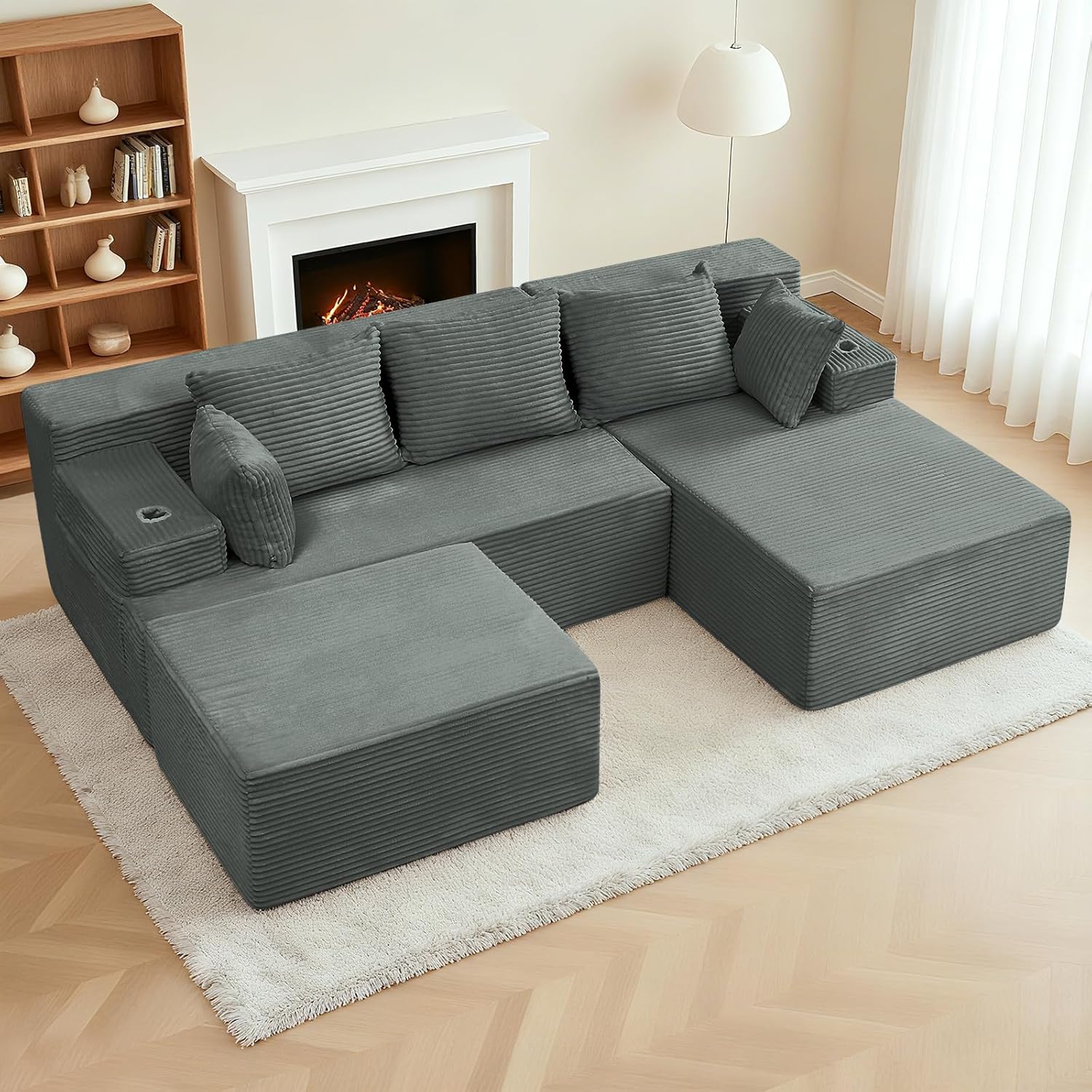Cloud Modular Sectional Couches, Modern Convertible L Shaped Boneless Couch, 3 Seat Corduroy Deep Seat Sectional Sofa with 5 Pillows for Living Room, Apartment (Dark Gray, Right Facing Chaise+Ottoman)