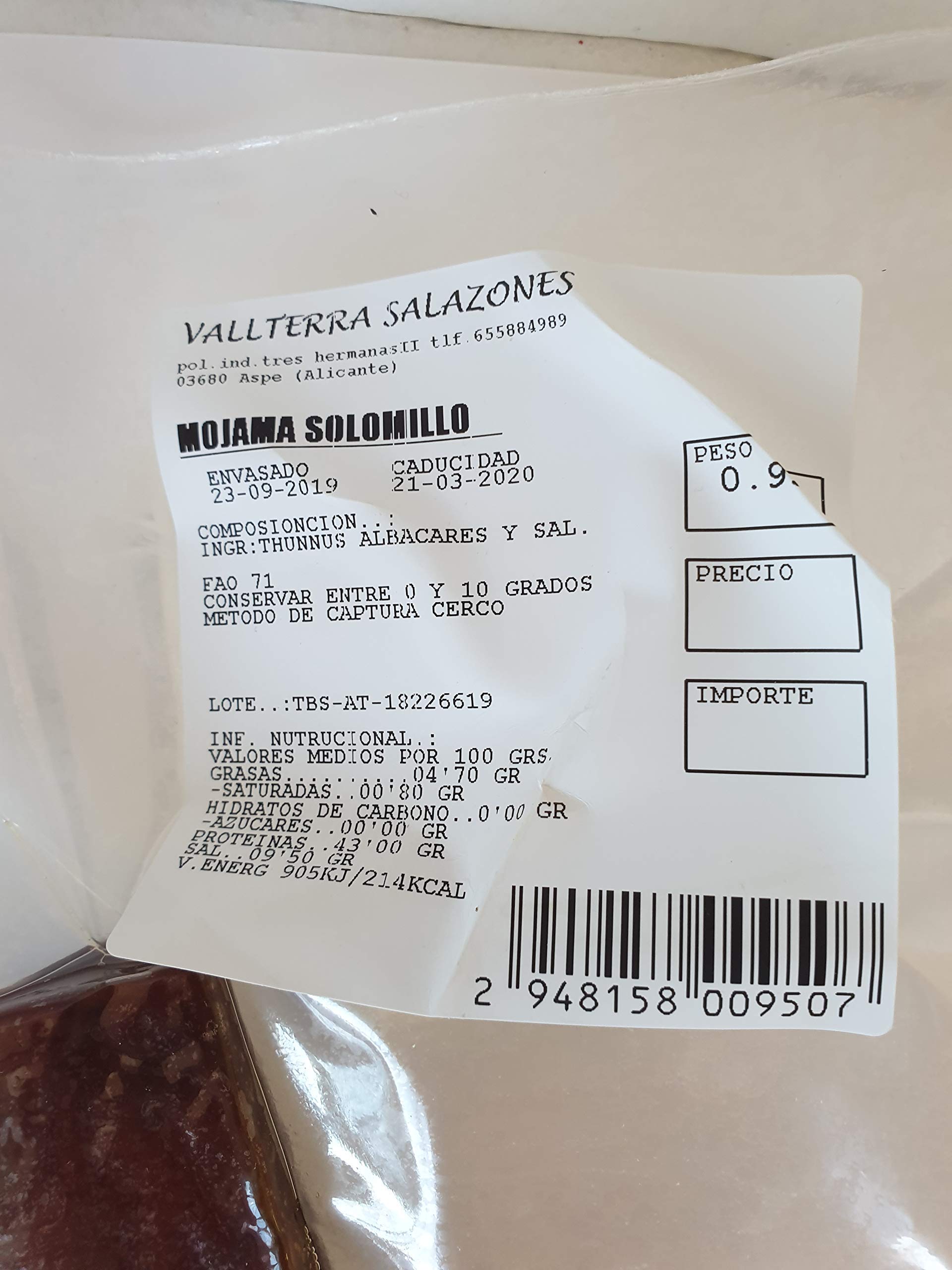 Solomillo de mojama de atún de aproximadamente 1 kg.