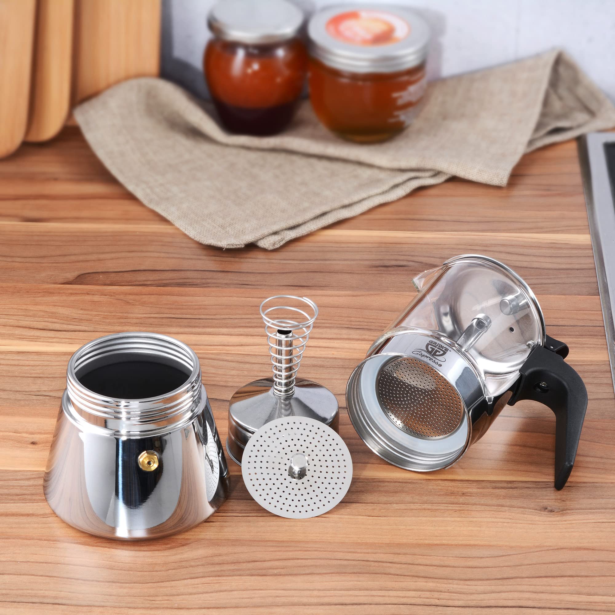 GRÄWE Espressokocher mit Glaskanne Induktion geeignet, Espressokanne aus Edelstahl für 9 Tassen, Klassischer Espresso Maker, Mokkakanne für 360 ml, induktionsgeeignet