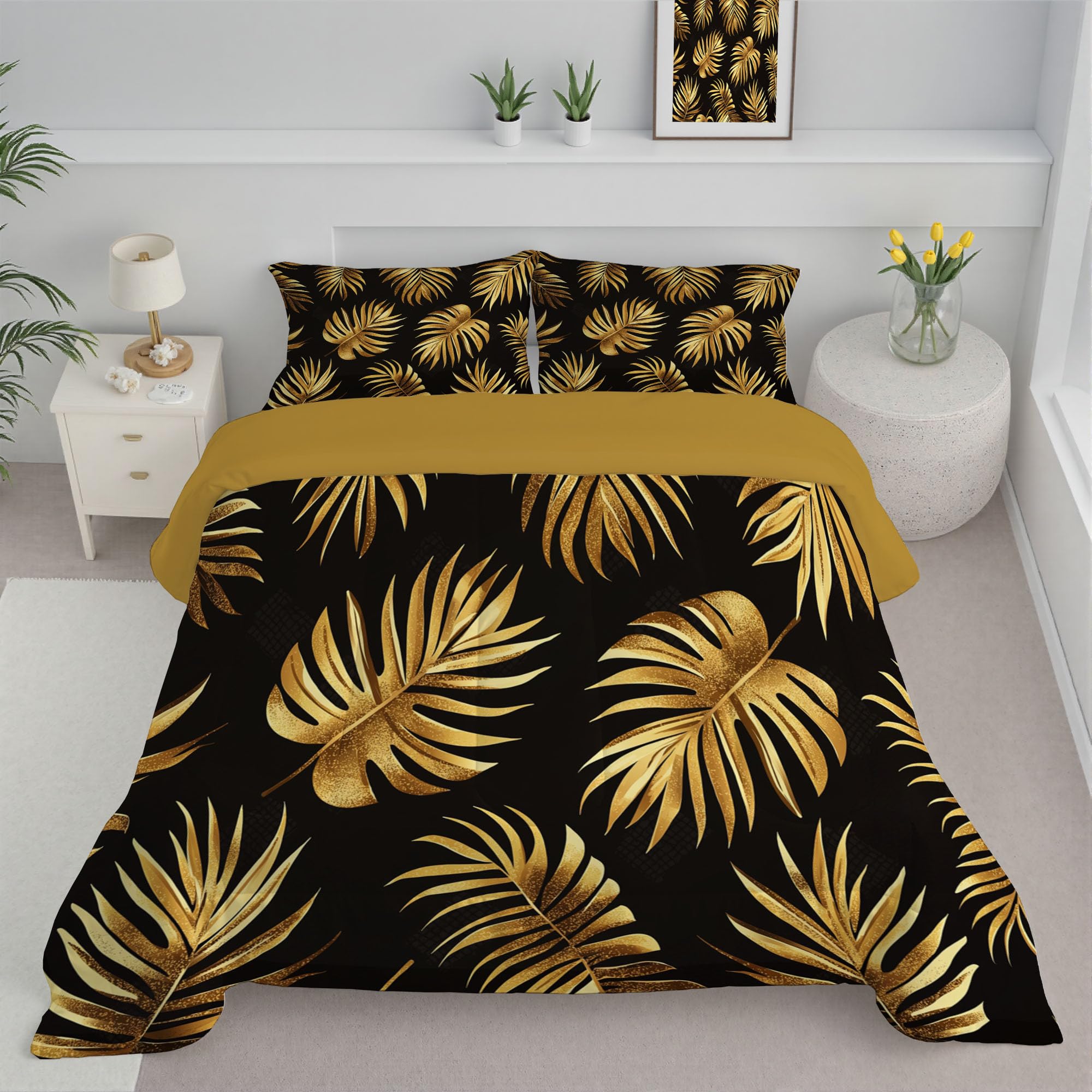 Couette 4 saisons 260x230 légère imprimé palmier or noir avec taies