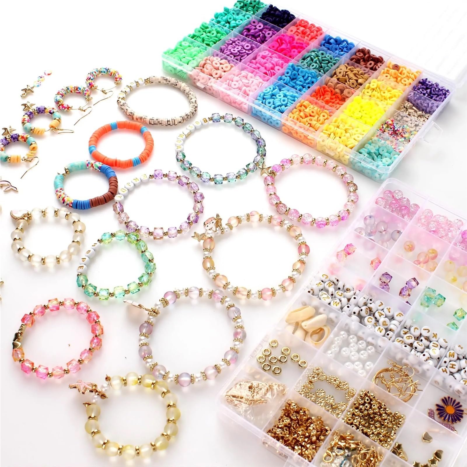 Schmuck Selber Machen Set 6075-teiliges Schmuckherstellungsset: 4800 Tonperlen, 200 goldene Buchstabenperlen, 100 Perlen, 80 Glas-Crackle-Perlen for selbstgemachten Schmuck