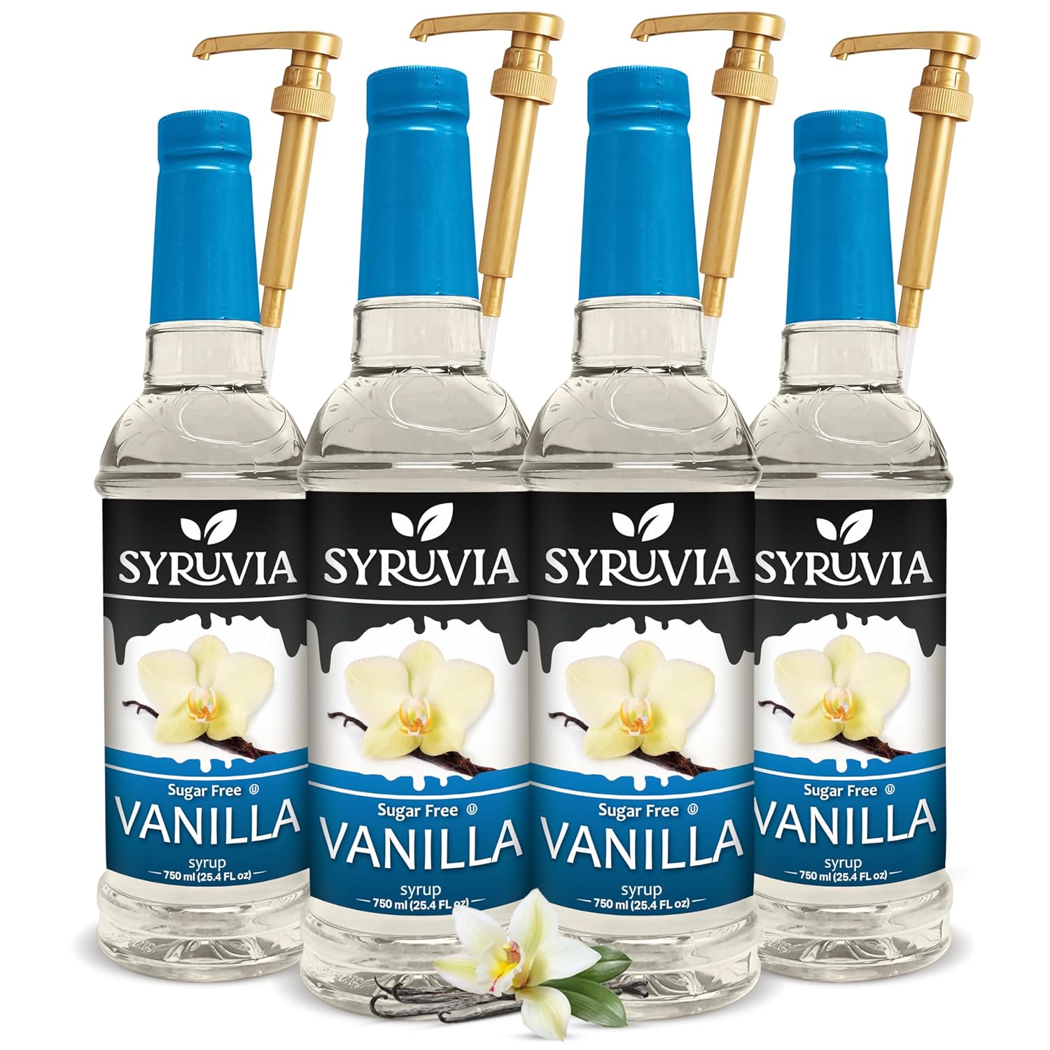 Syruvia Sugar Free Vanilla Syrup – Zero Sugar Vanilla Coffee Flavoring, Syrup for Lattes, Drinks & Beverages – 25.4 fl oz 4-Pack with Pumps
