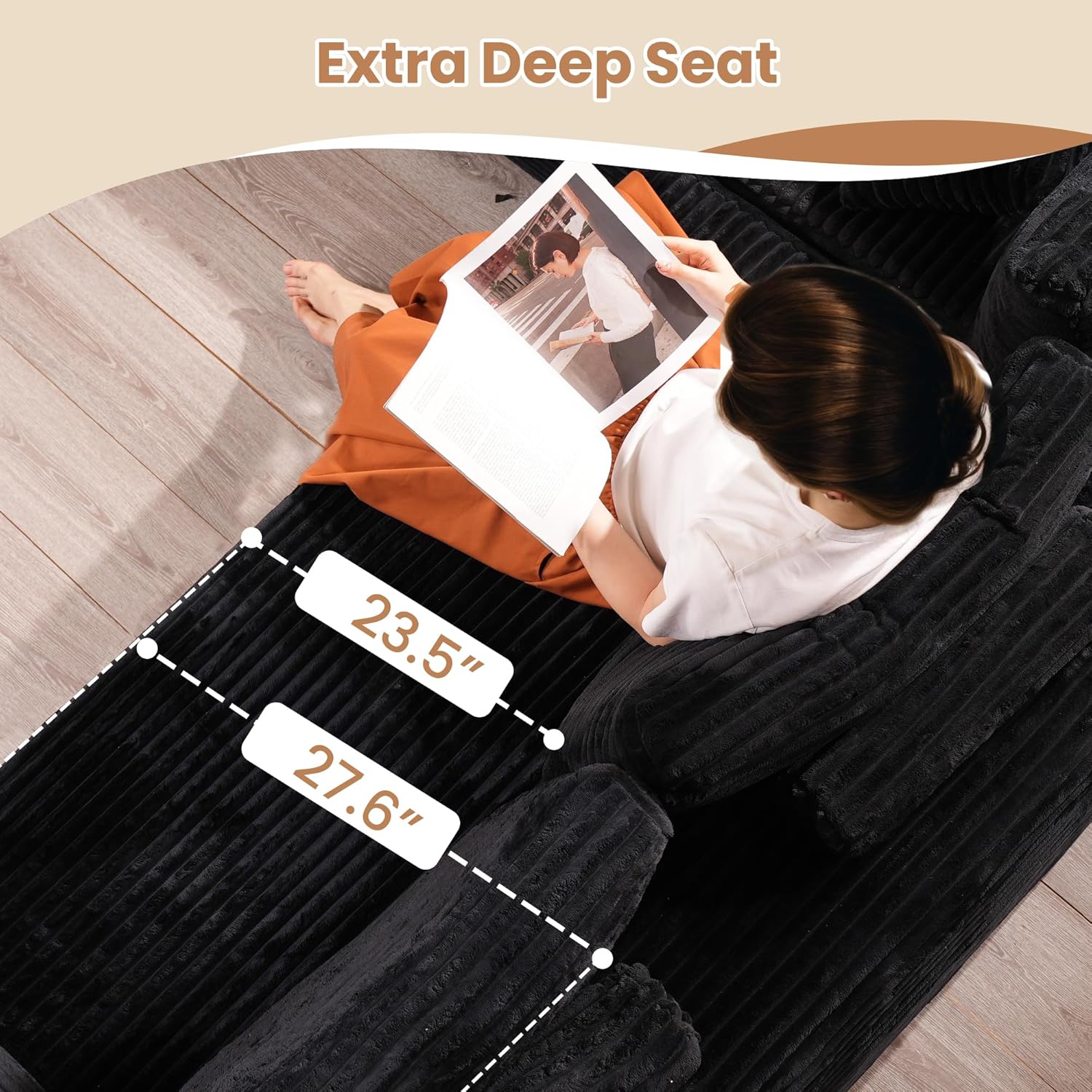 HOOOWOOO Sectional L Shaped Couch,106" Assembly Free Modern Minimalist Sofa,Extra Deep Large Corner Sofa Couch Set in A Box for Living Room(Left Chaise Black Velvet Uphostered)