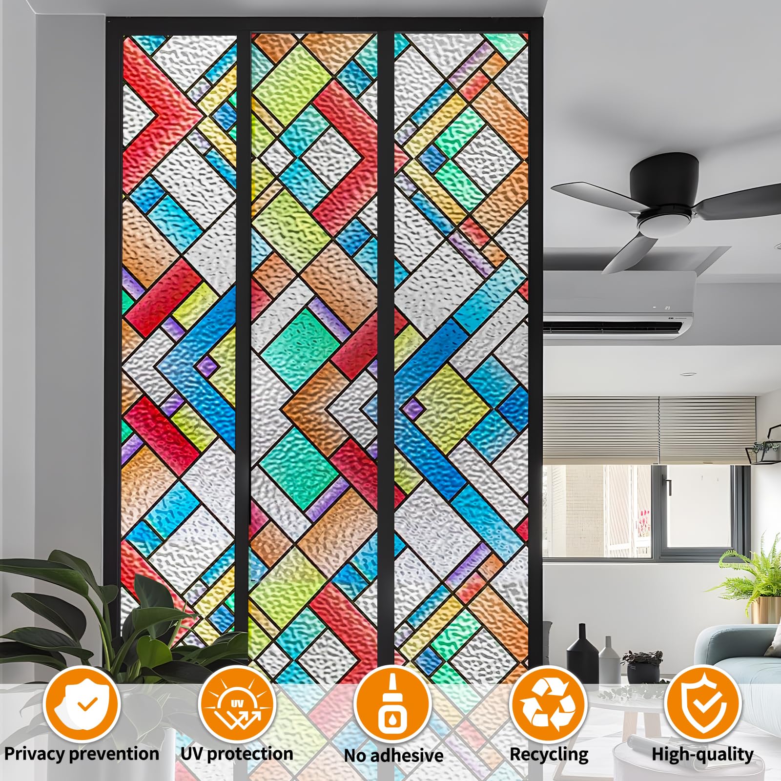Countewol 3D-Fenster-Sichtschutzfolie, Buntglas-Fensterfolie, klebstofffrei, rückstandsfrei, wiederverwendbar und einfach mit Werkzeugen zu installieren (farbige Glasur, 44,5 x 499,8 cm)