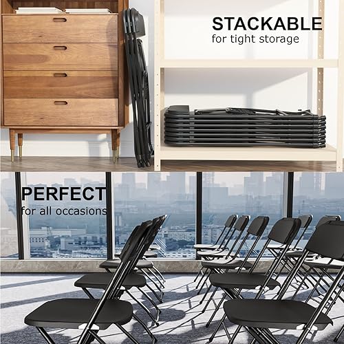 Miniatura 5 de Paquete de 10 sillas plegables negras, sillas portátiles de fiesta, silla plegable de plástico, asientos comerciales apilables con marco de acero