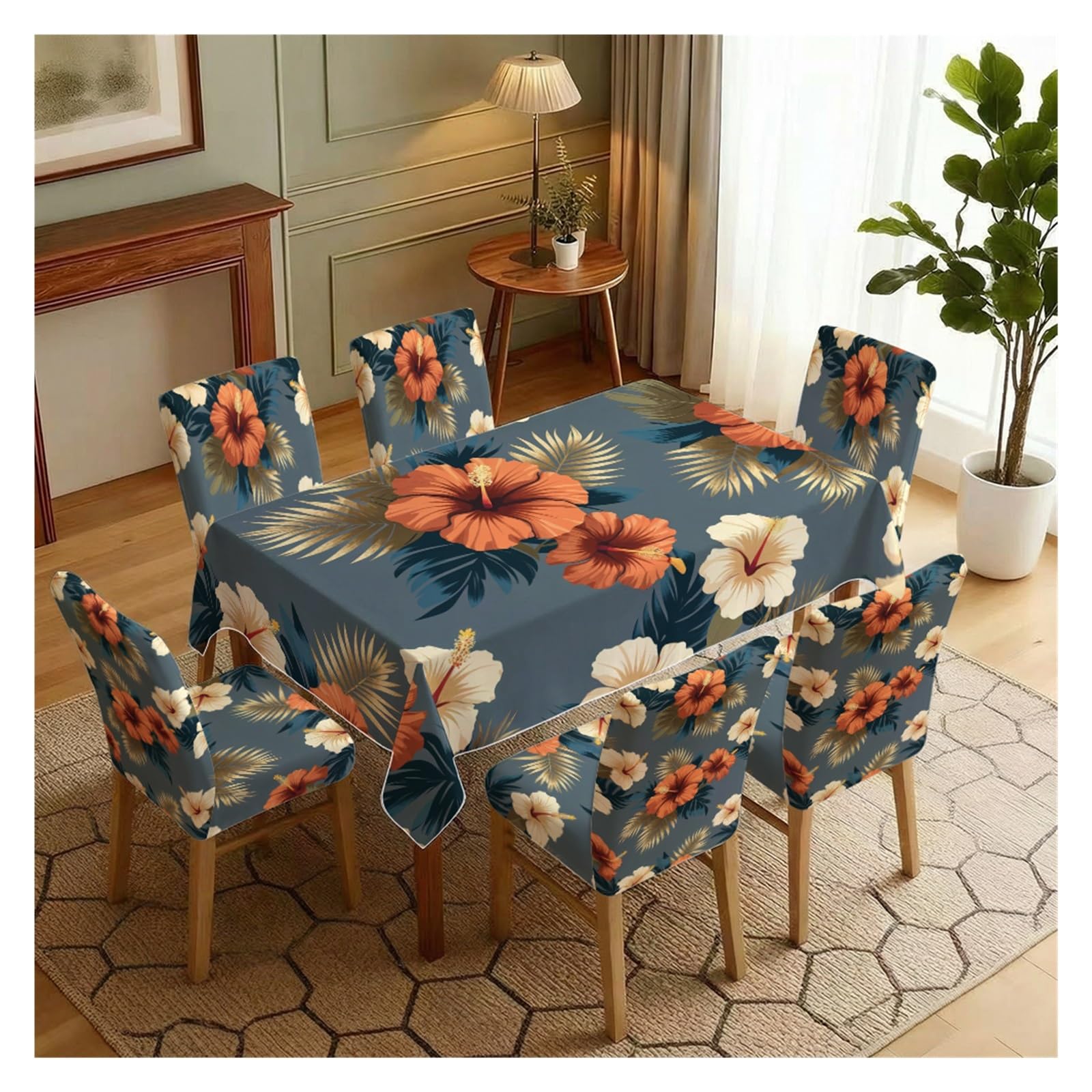 KXUAUV Stretch Dining Chair Slipcover & Tablecloth Set, Dark Teal Base Tropical Hibiscus Palm Leaf Print, 5/7 Pack, Exotic Coastal Home Decor Party Decor(7pcs Set: Tablecloth+Chair Covers)