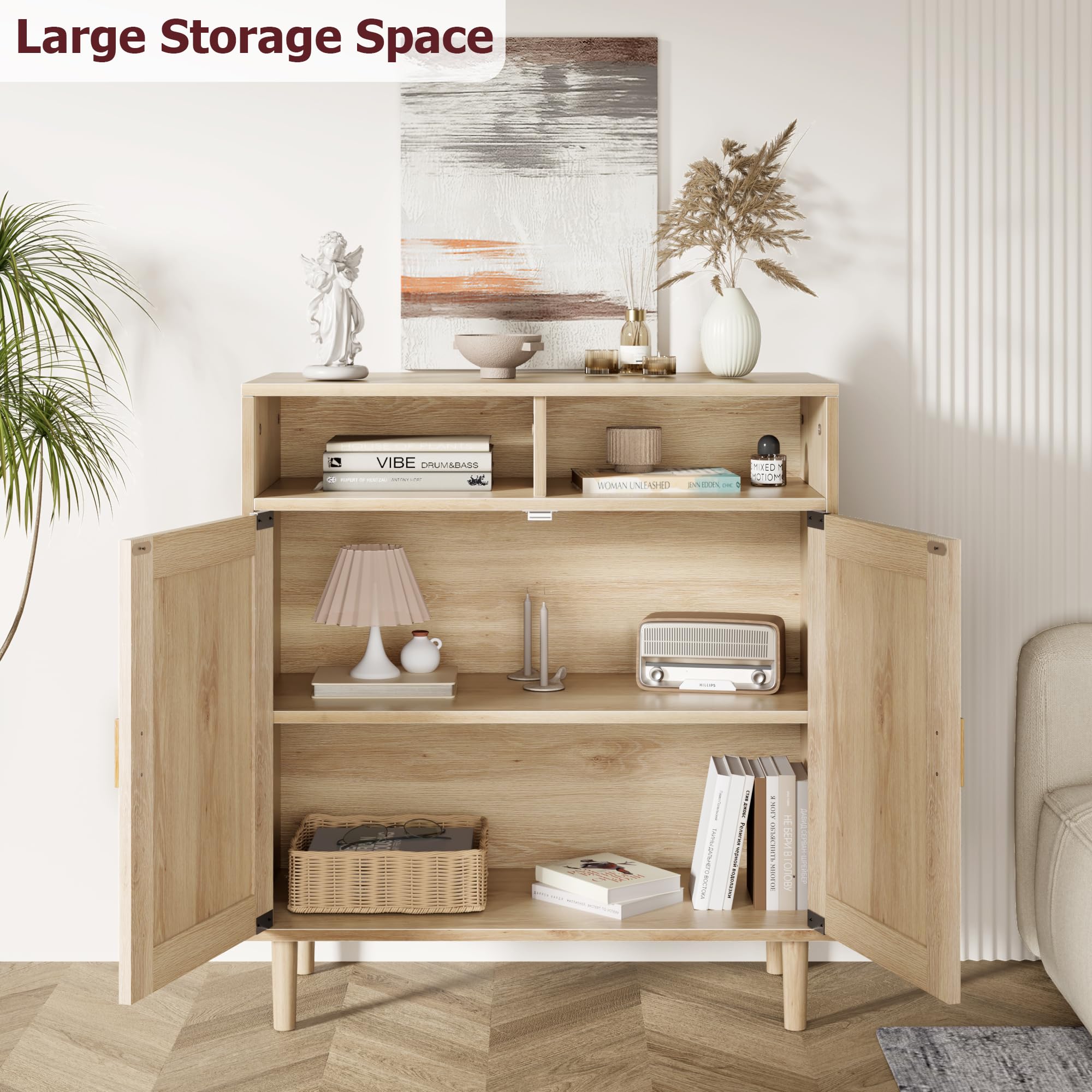 Zstar Aparador de ratán, Mueble de almacenaje Bohemio con estantes, Mueble Bar/credenza de Estilo rústico con 2 Puertas y 2 Compartimentos para salón, recibidor y Cocina.