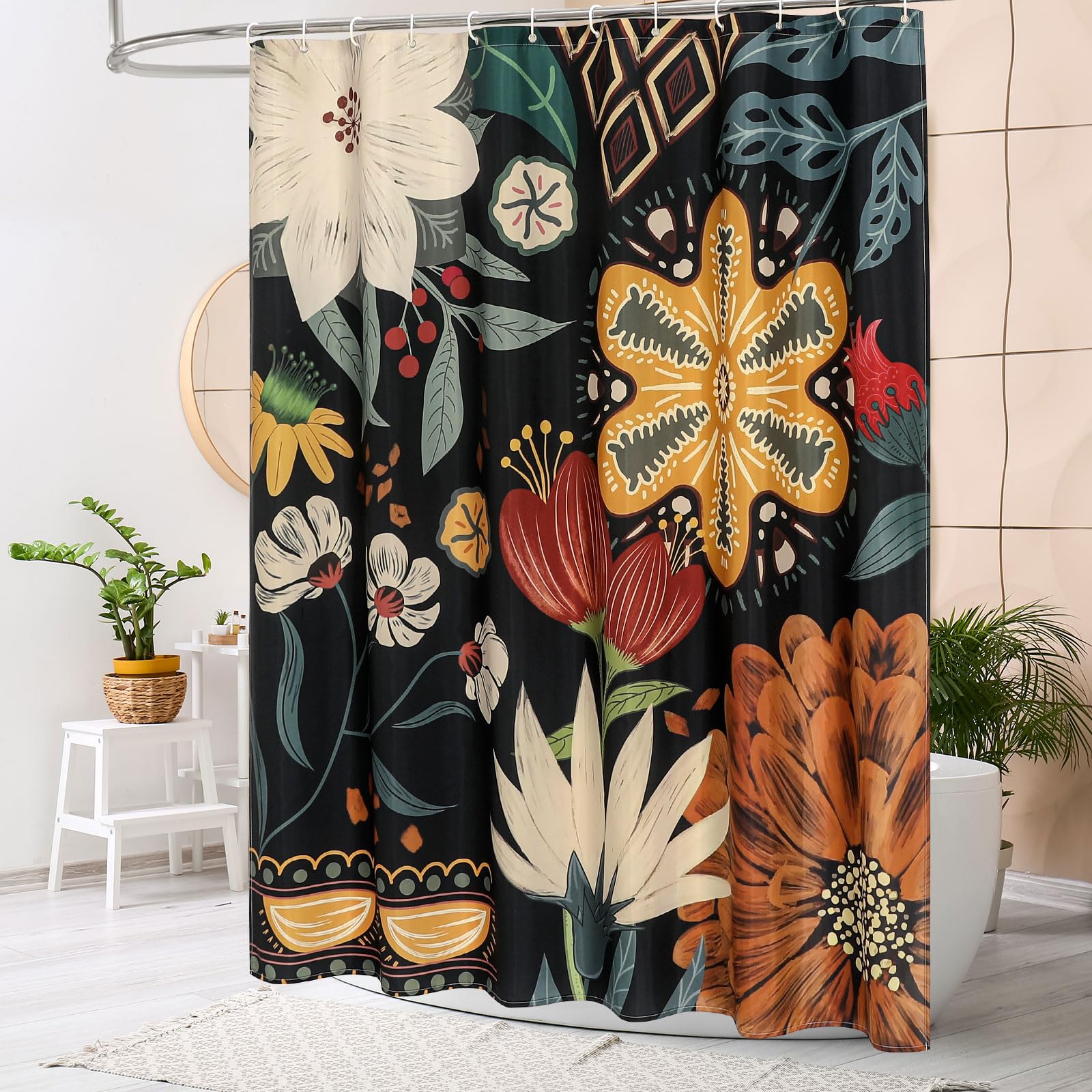 Cortina De Ducha Bohemia Con Flores Abstractas - Estilo Vintage, 72 X 72 Pulgadas