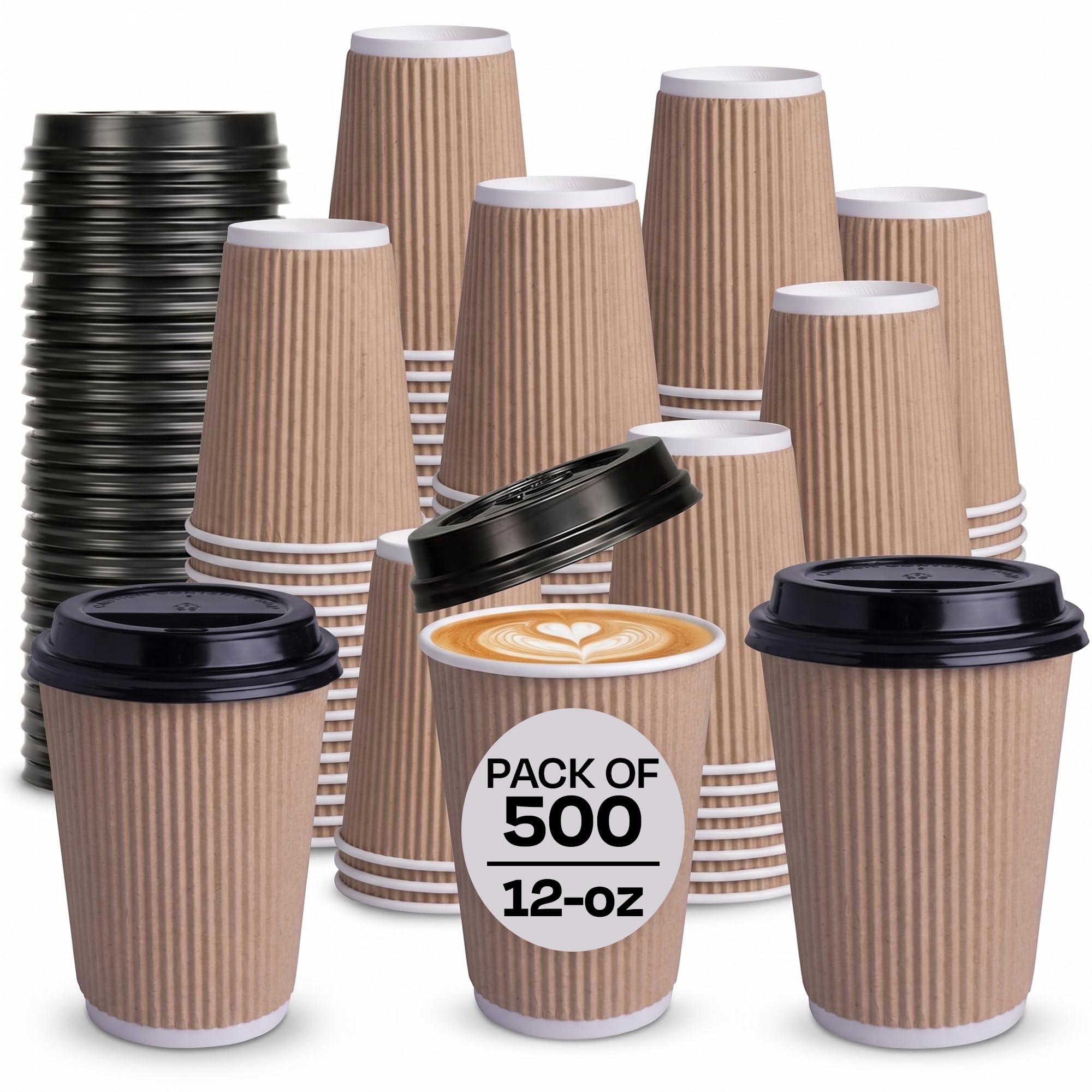 We Can Source It Ltd - 500 x 12oz Kraft Ripple Cups 3-PLY Disposable Insulated Paper Coffee Cups with Black SIP Through LIDS - Manufactured by WECANSOURCEITLTD