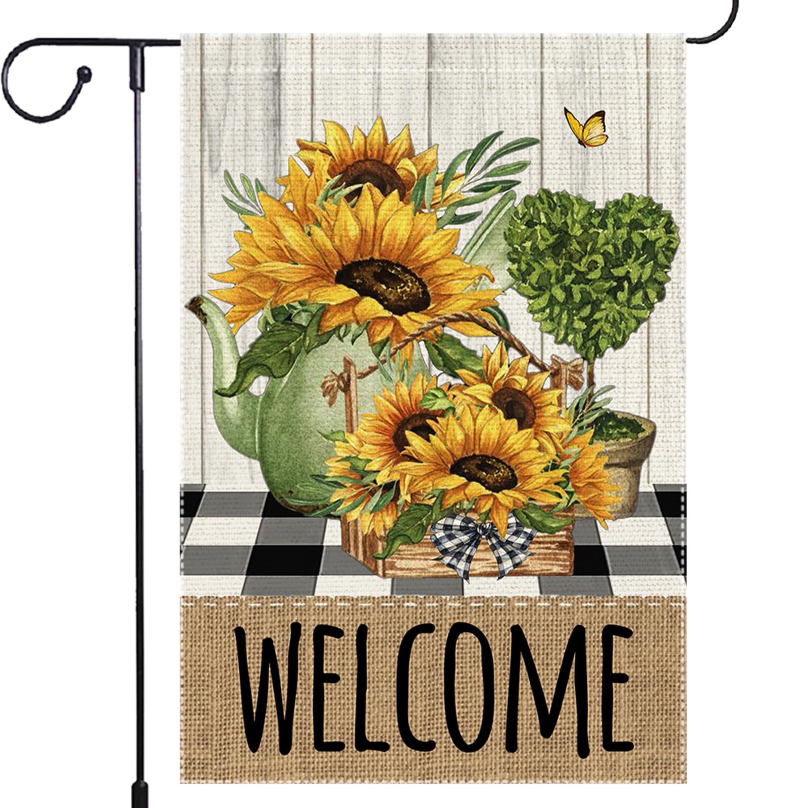 Welcome Buffalo Plaid Garden Flag Burlap Double Sided Rustic Farmhouse Home Yard Lawn Outdoor Small Seasonal Wildflowers Flags Decorations 12x18 Inch