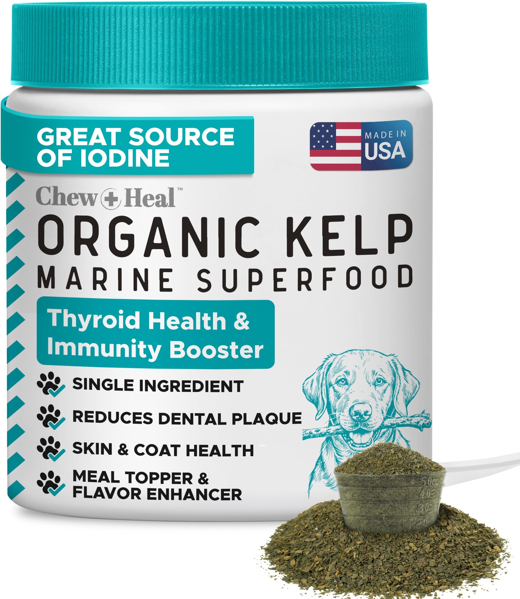 Sea Kelp Powder for Dogs - Thyroid, Dental & Plaque Support, Skin & Coat - Chew + Heal Labs Iodine-Rich 4 oz Kelp Supplement, Digestion & Immune, Seaweed Meal Topper with 5cc Spoon, Made in USA