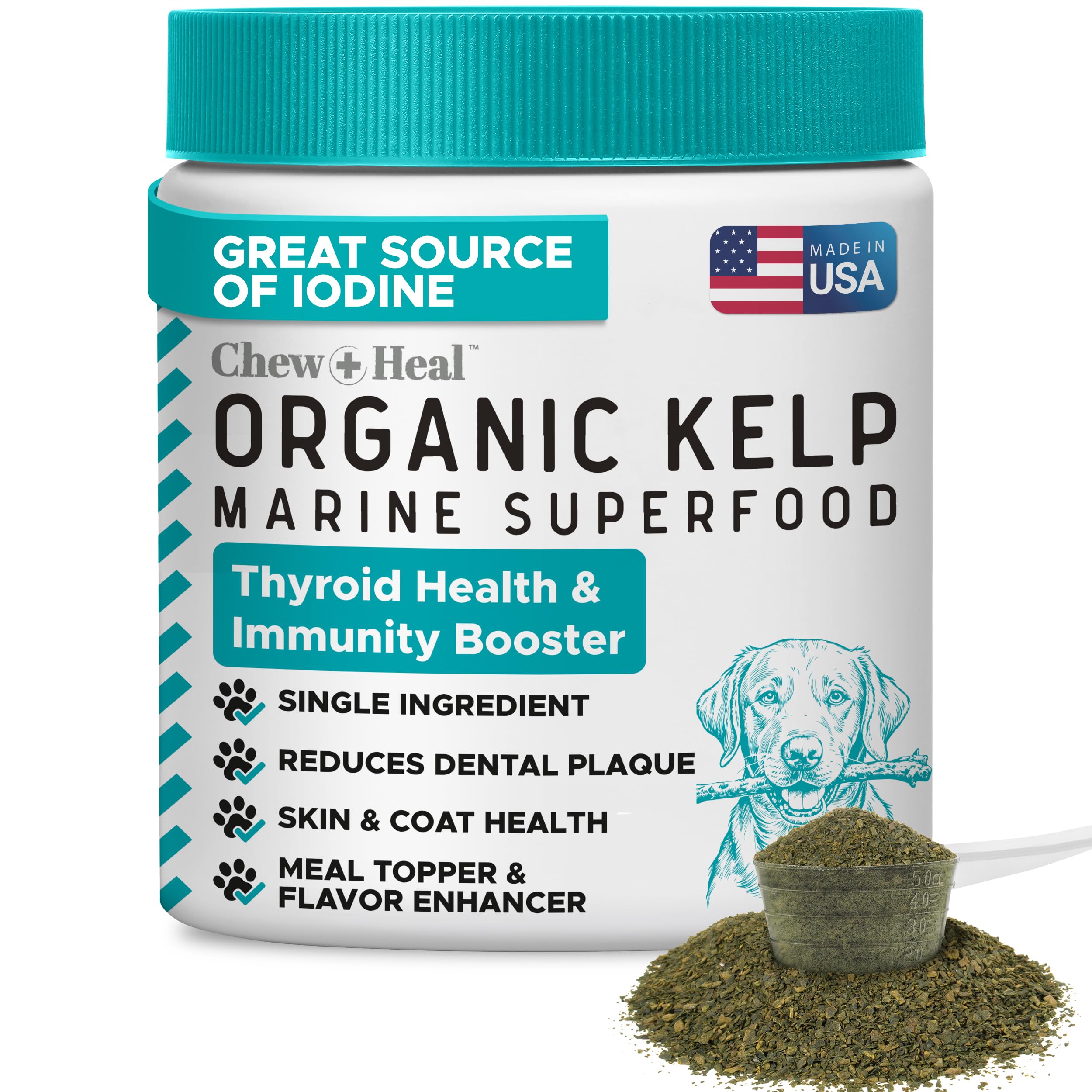 Kelp Supplement for Dogs – Natural Seaweed Powder for Thyroid Function, Dental Health, Immune Support, Skin & Coat – Iodine-Rich 4 oz Meal Topper with 4cc Spoon – Made in USA