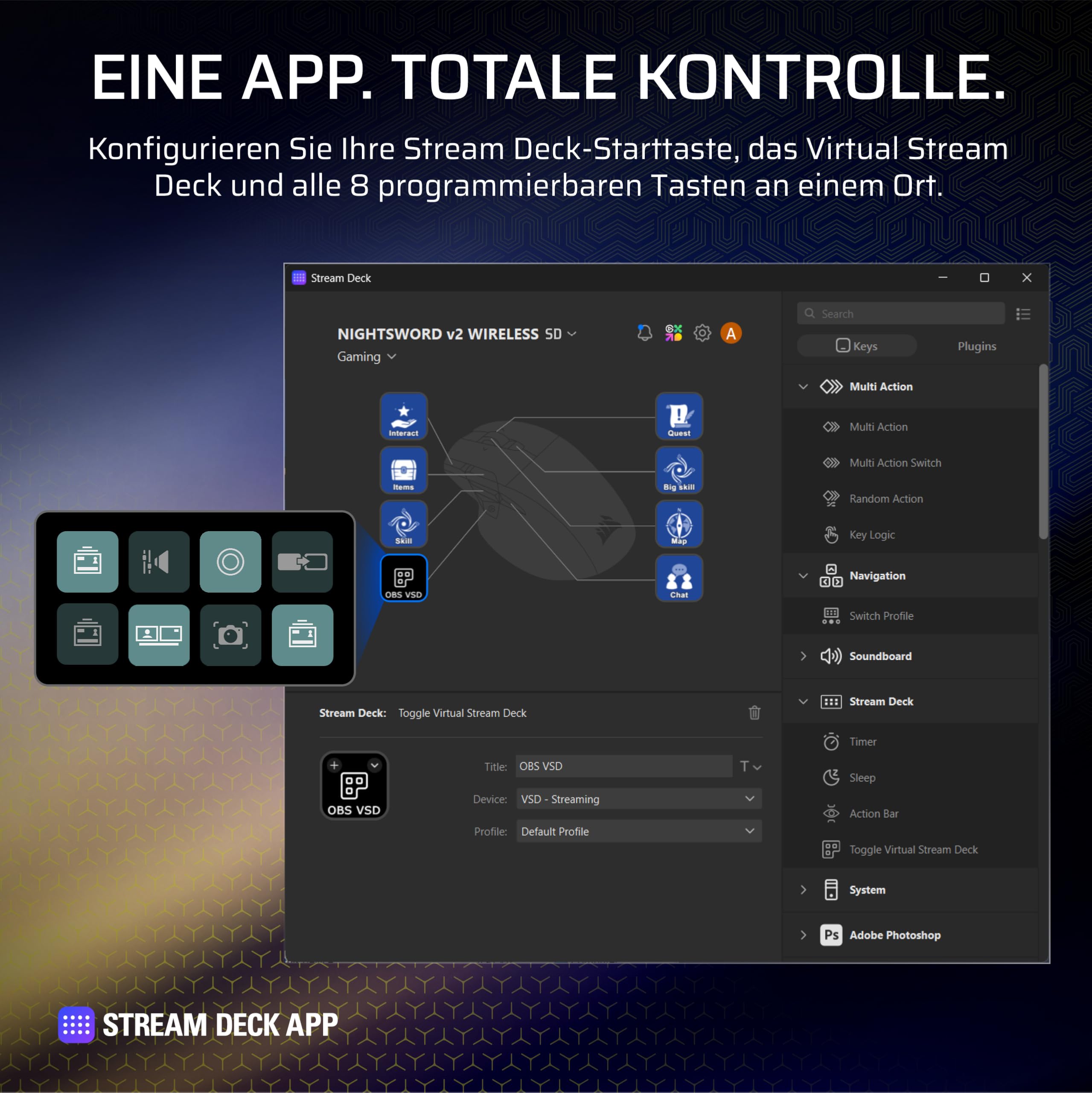 Corsair NIGHTSWORD v2 Wireless SD Gaming-Maus – Schwarz | Stream Deck-Taste, 8000Hz Hyper-Polling, 33K DPI, Ergonomisches Design, Bis zu 170 Stunden Akkulaufzeit