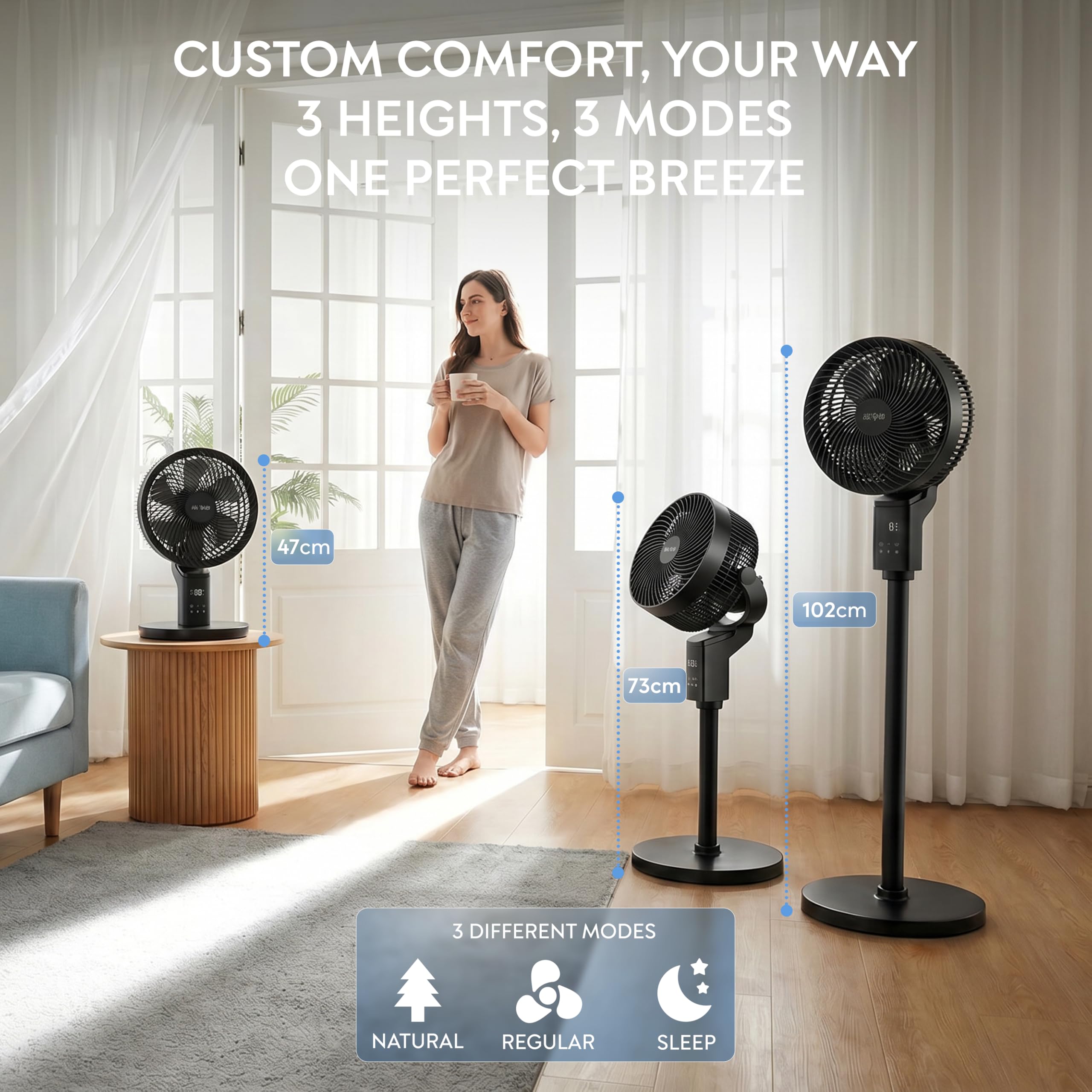 Air Pro 12" Pedestal Fan SmartVoice™ & Remote Control 3D Oscillation 12 HR Timer Quiet Copper Motor Air Cooling & Circulator Height Adjustable Fan- Small Fan with 6 Speeds 4 Modes Office Home Bedroom