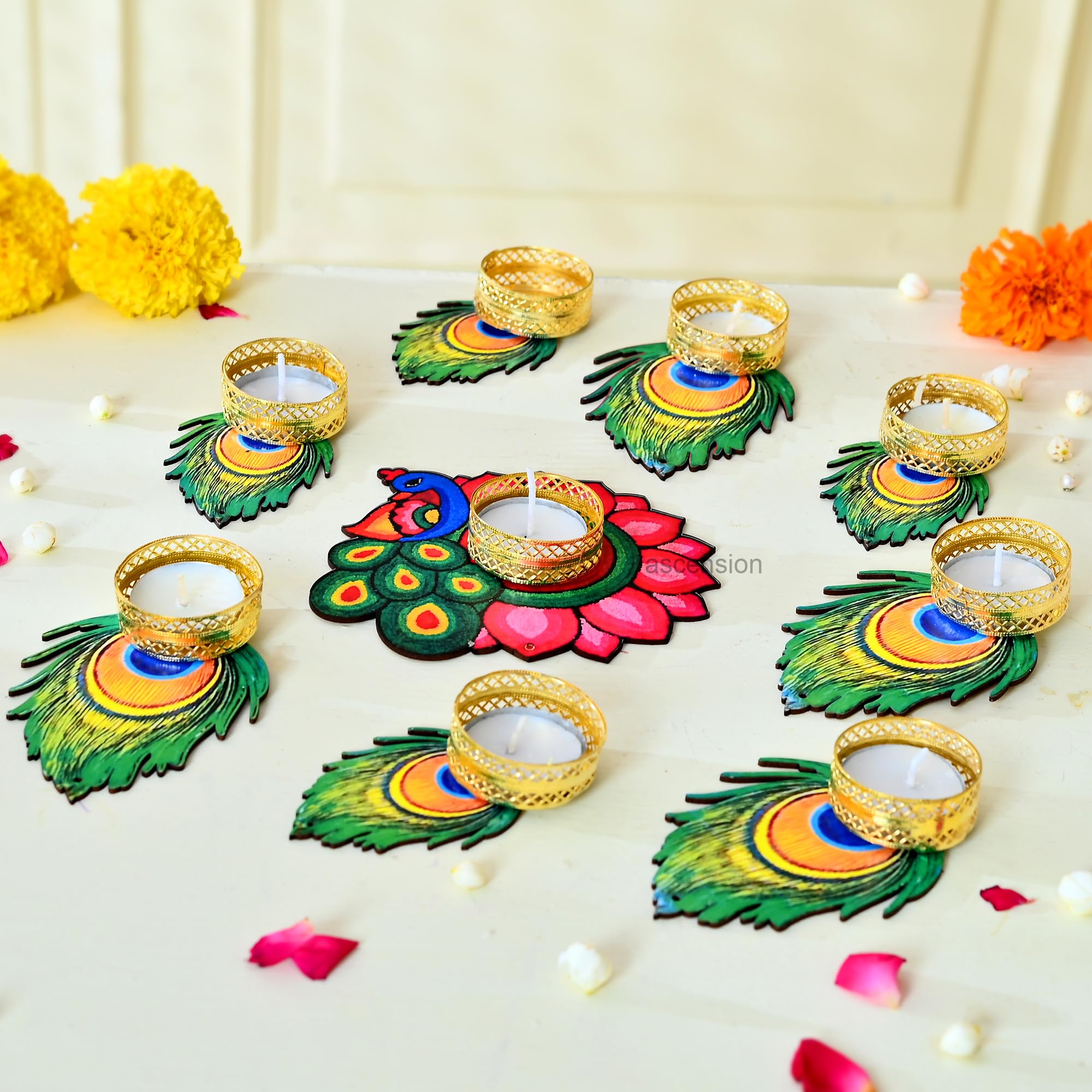 Ascension Decorative Peacock Tealight Candle Holder Stand Set of 9 - Mor Pankh Design Reusable Diya for Diwali Floor Rangoli Decoration Items, Home Decor, Diyas Indoor Outdoor Office Gifting,-image-23
