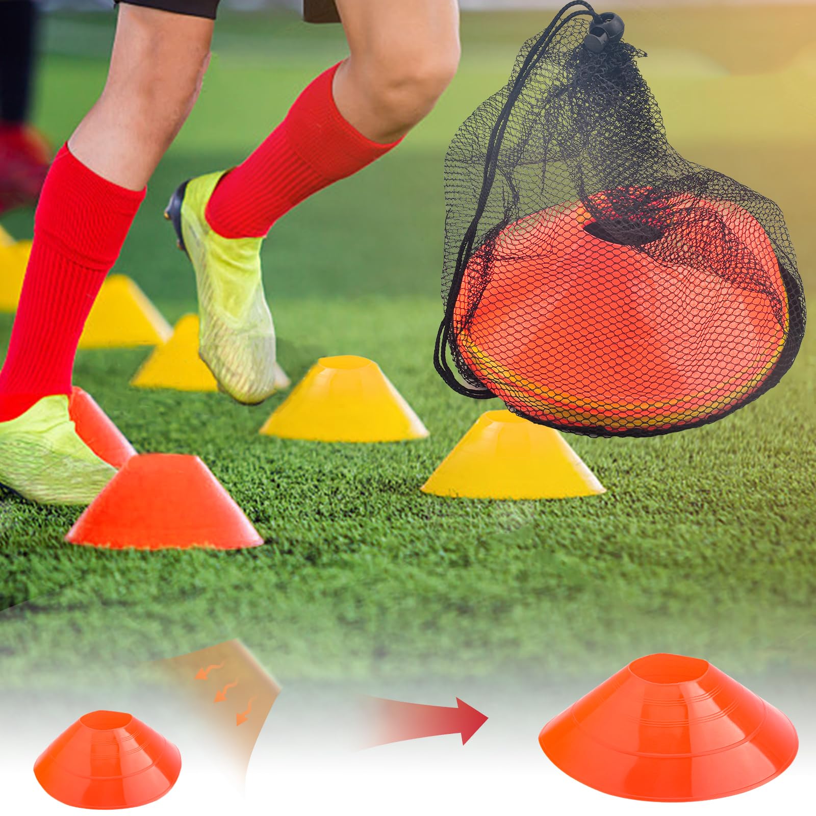 Auckpure Accessoires d'entraînement de football, échelle de coordination, kit d'entraînement de football avec 12 cônes de football, 4 poteaux en fer fixes, 1 sac en filet pour cônes de football, 1 sac