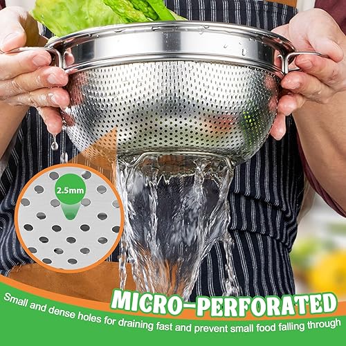 Miniatura 3 de P&P CHEF Colador de acero inoxidable de 3 cuartos de galón, colador de metal microperforado para alimentos de cocina, ideal para enjuagar, lavar y