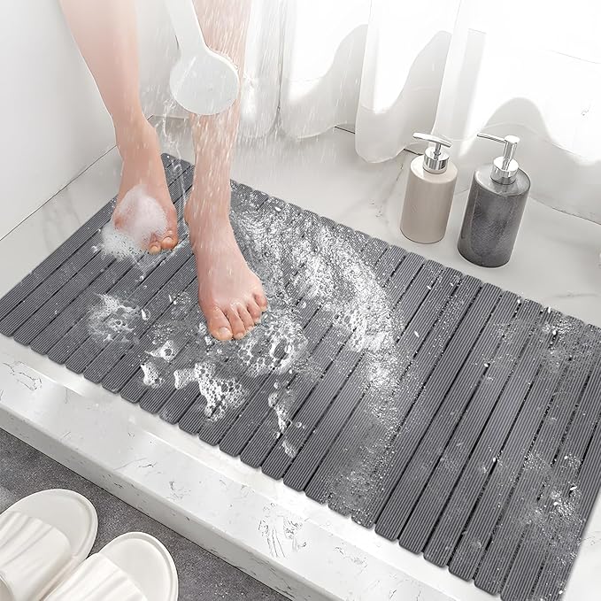 MBOSS Bath Tub Shower Mat Non Slip Bathtub Mats for Bathroom Shower Floor Mat Bath Mats for Shower Tub Anti Slip Shower Mat with Drain Hole and Large Suction Cups (Dark Grey, 37.5 X 15.7 Inch)