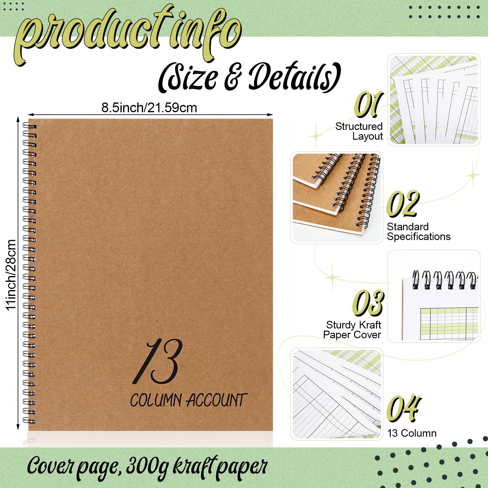 Feifeiya 6 quaderni a 13 colonne, 22,5 x 27,9 cm, blocco per conti e analisi, copertina in carta kraft, 100 pagine, per uso personale e aziendale (50 fogli)